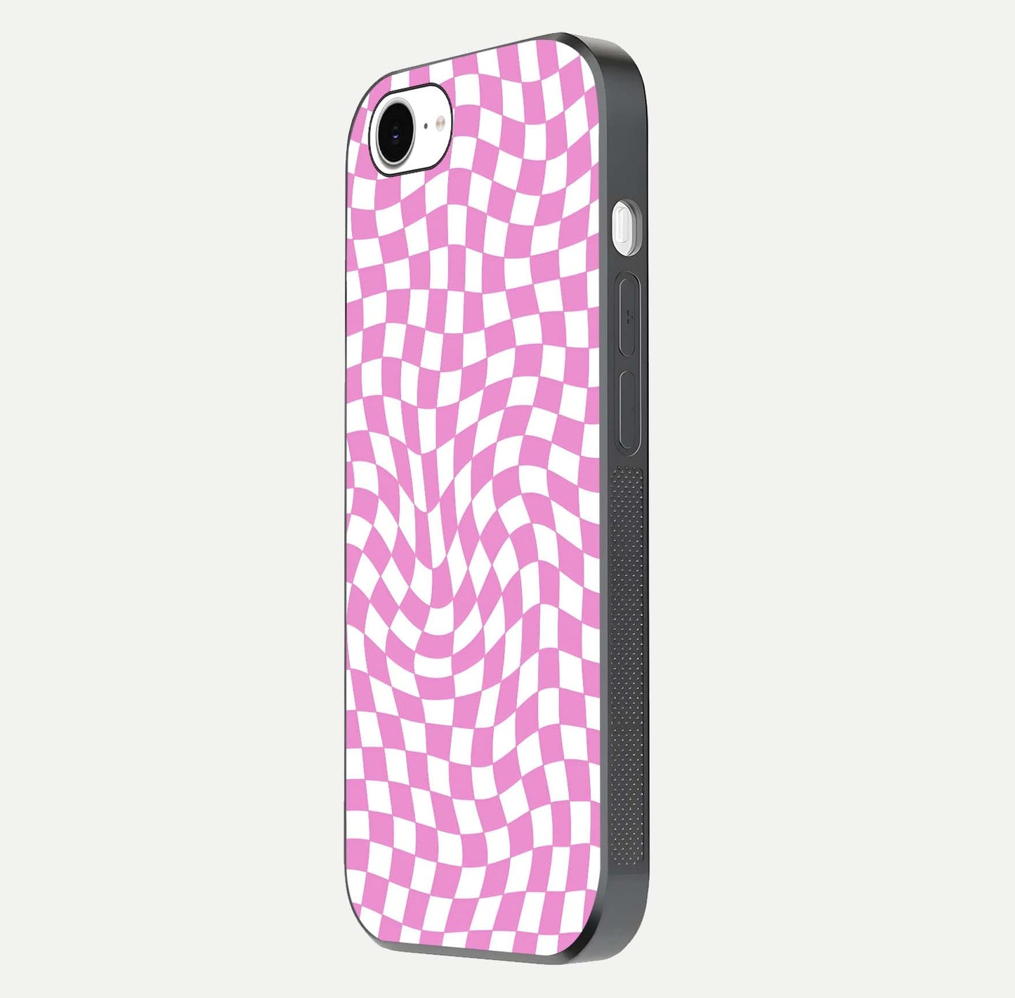 Bubblegum Check Wave iPhone 16e glass phone case side profile view focusing on smooth edges and seamless wrap