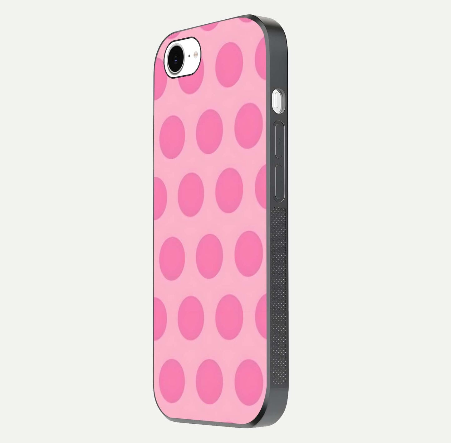 Sweet Dot Dreams iPhone 16e glass phone case side profile view focusing on sleek edges and seamless wrap