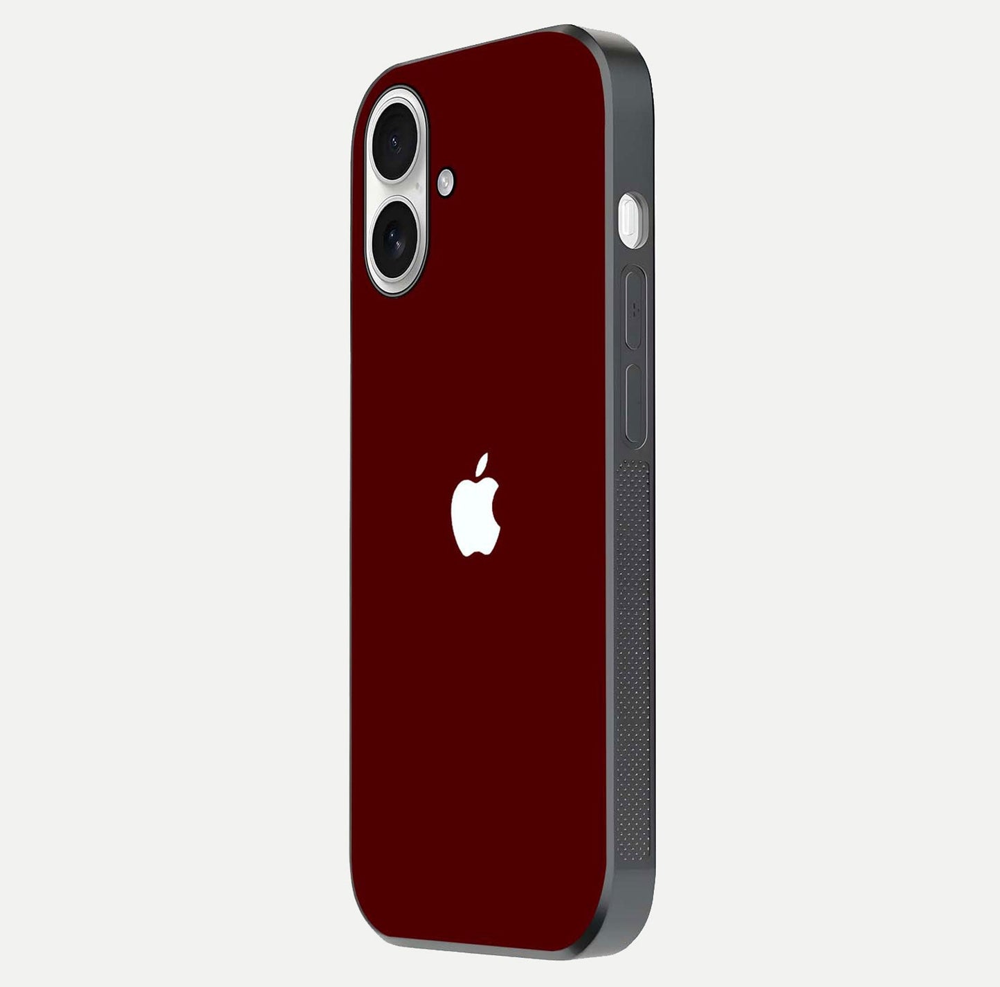 Apple Crimson Core Glass Case for iPhone 17 side-angle shot showing camera bump alignment and glossy shine
