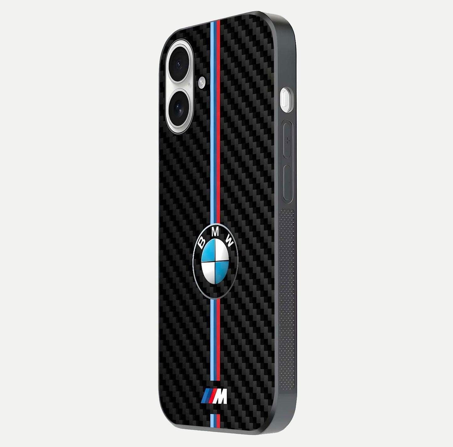 BMW Pattern Glass Case for iPhone 17 side-angle image showing edge finish and luxury car-inspired shine