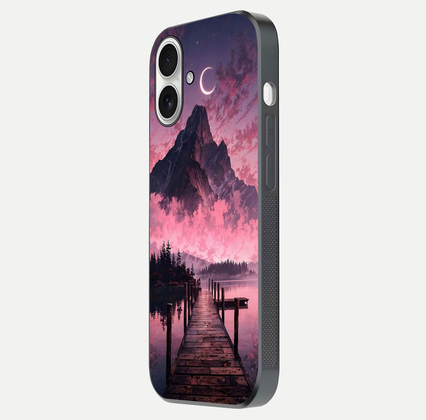 Beautyful Mountain View Glass Case for iPhone 17 side-angle image displaying mountain artwork and gloss surface