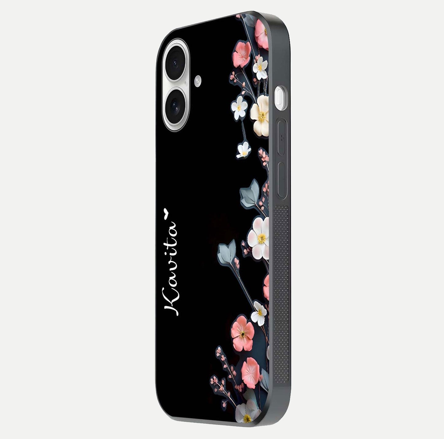 Black Elegance Floral Custom Name Glass Case for iPhone 17 side-angle showing black gloss depth and delicate print texture