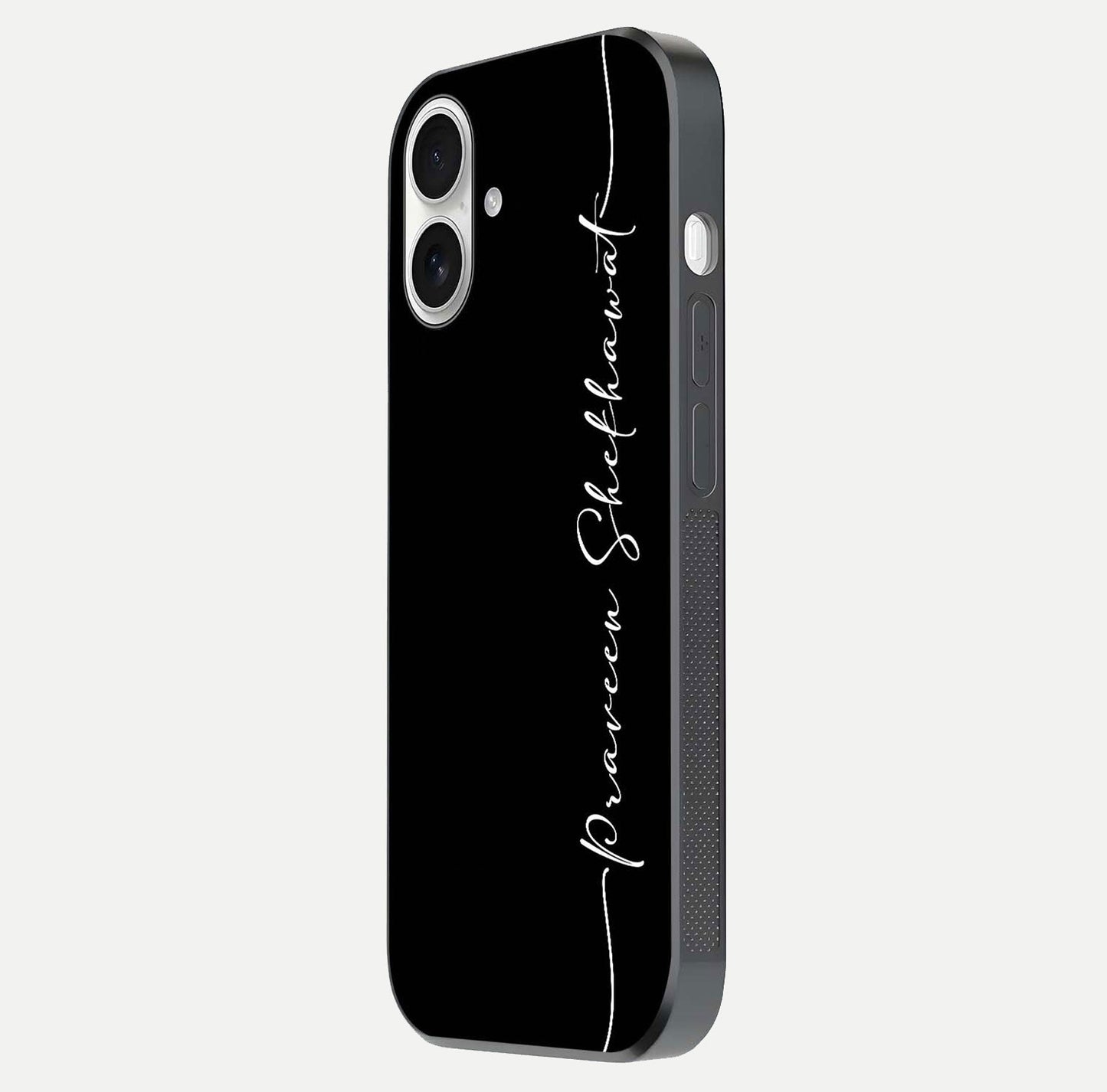 Black Tune Custom Name Glass Case for iPhone 17 side-angle photo showing mirror-like surface and slim profile