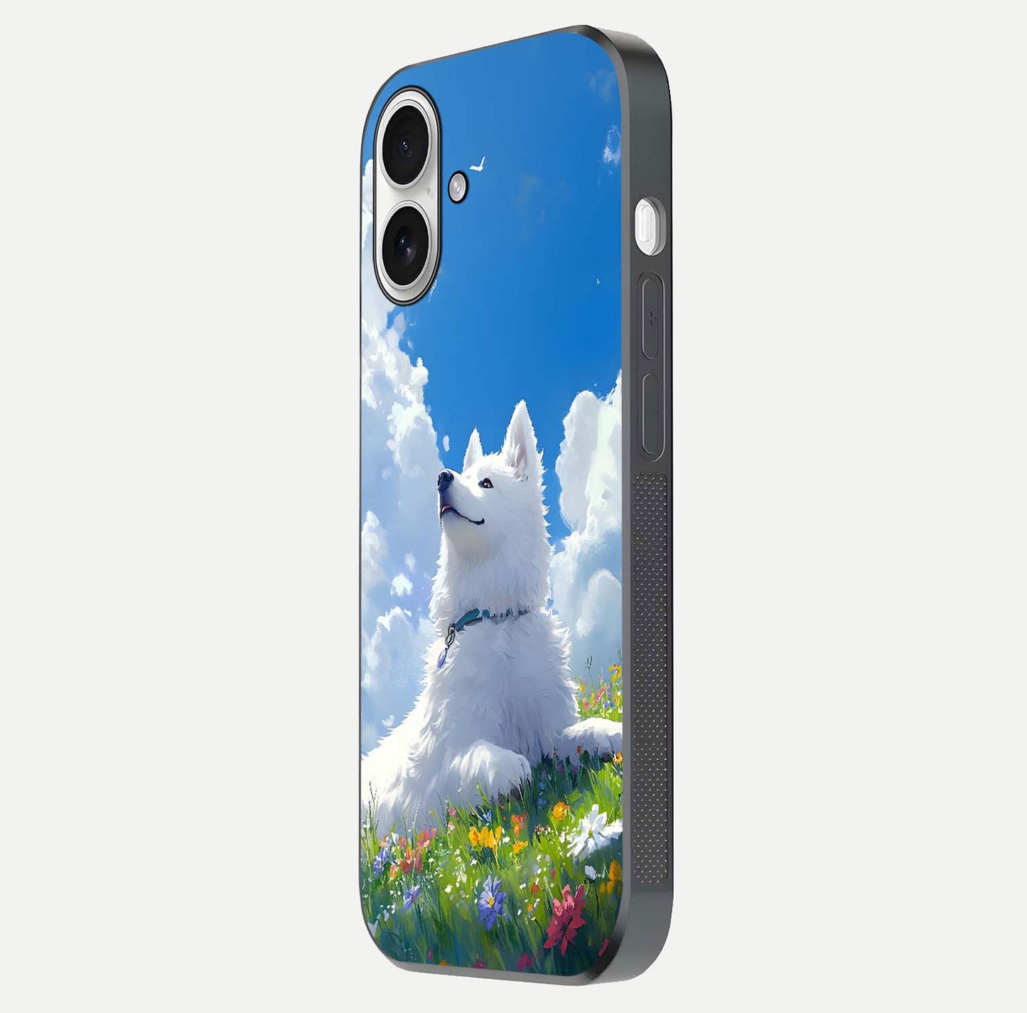 Blissful Cloud Pup Glass Case for iPhone 17 side-angle shot displaying puppy print and glossy texture