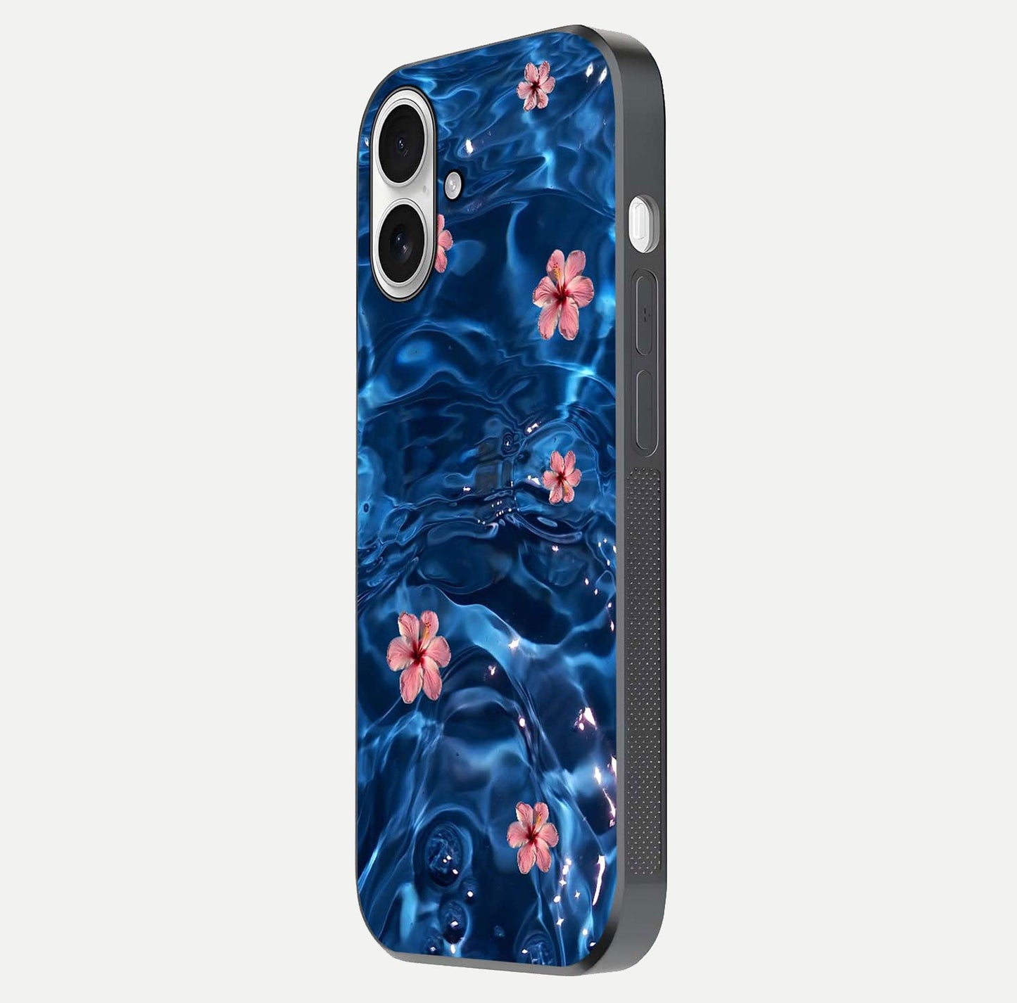 Blooming Water Drift Glass Case for iPhone 17 side-angle image showcasing blossom flow, curved corners, and HD glass gloss