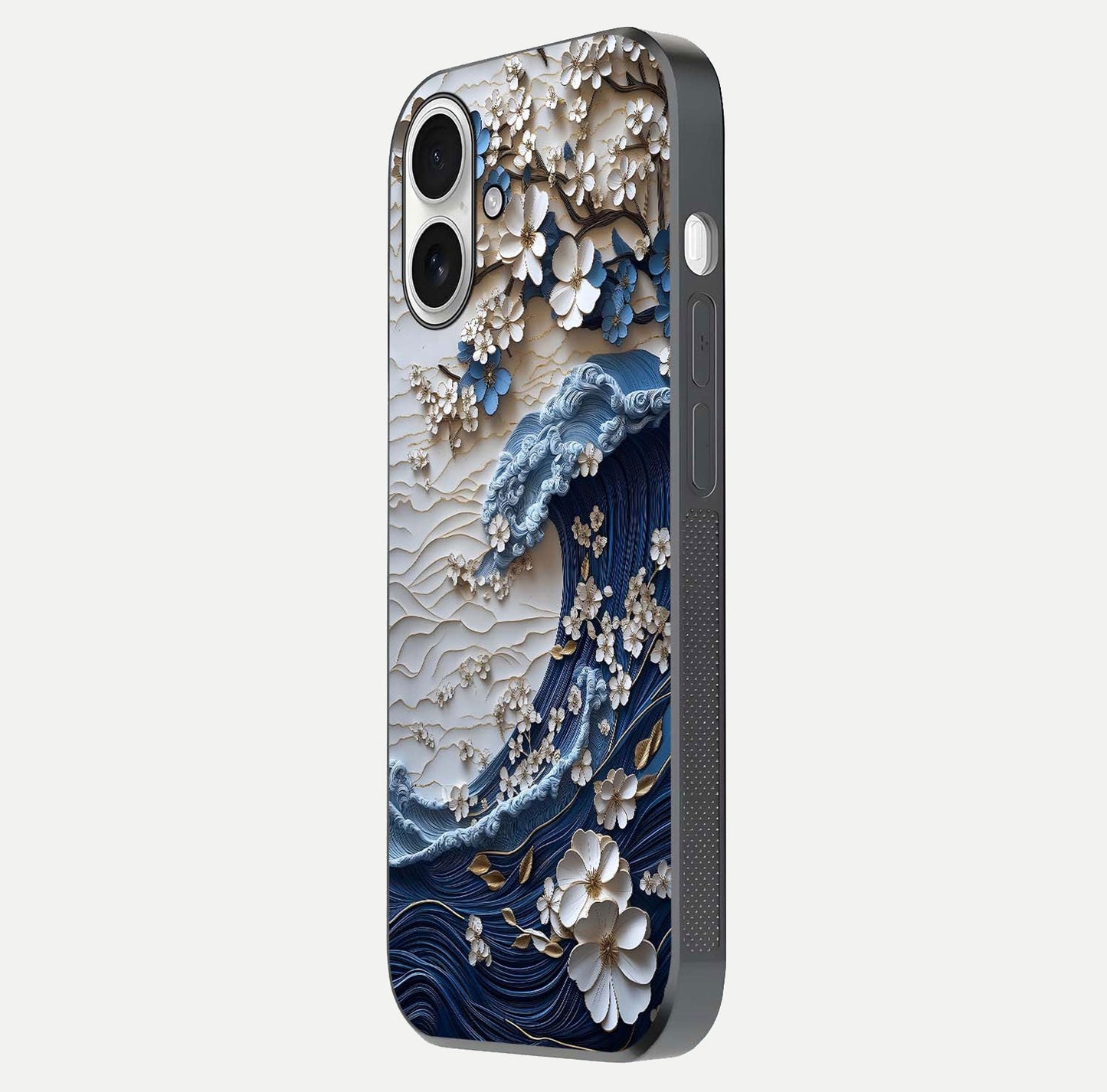 Blossom Wave Art Glass Case for iPhone 17 side-angle view showing wave-flow print and gloss edge finish