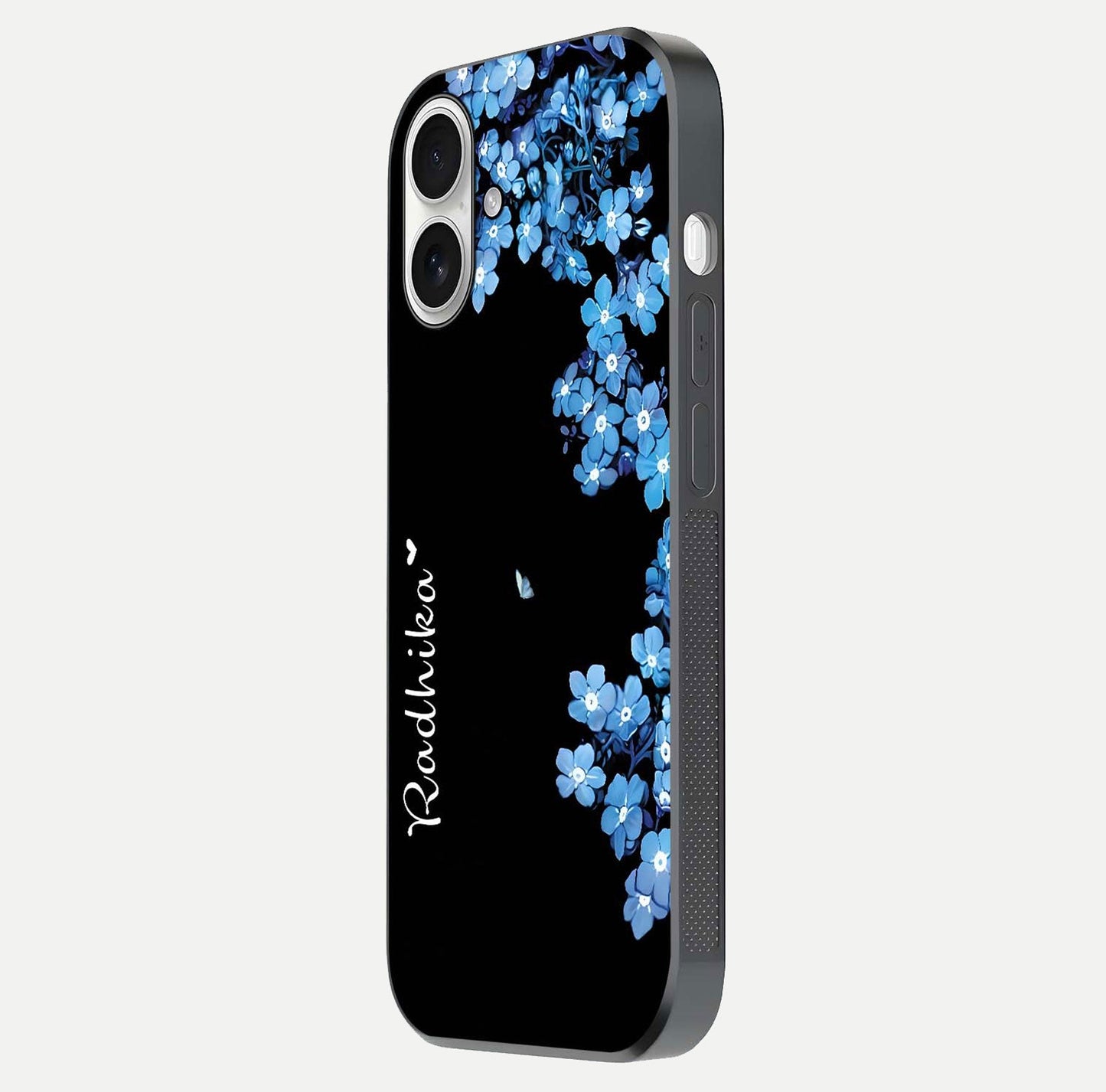Blue Petal Dream Custom Name Glass Case for iPhone 17 side-angle image showing name print clarity and smooth gloss