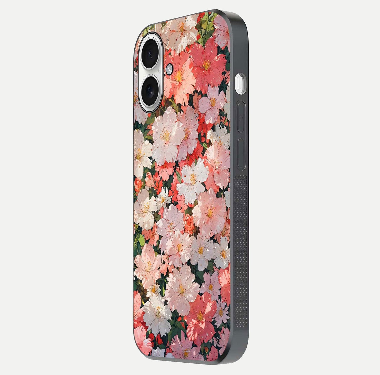 Blush Bloom Field Glass Case for iPhone 17 side-angle image showing petal pattern gloss and smooth edges