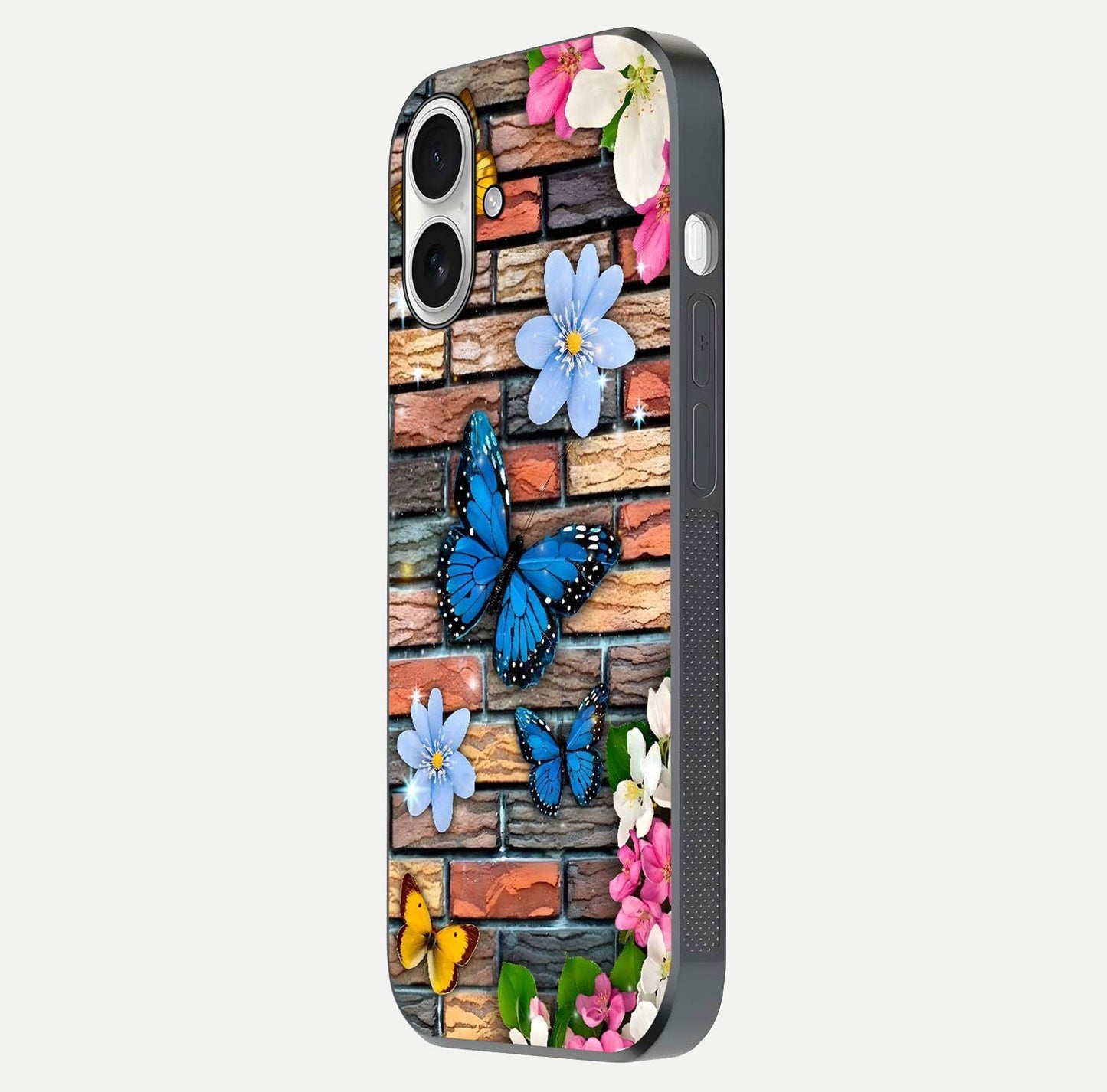 Brick Bloom Flight Glass Case for iPhone 17 side-angle photo showing curve shine and detailed petal contrast