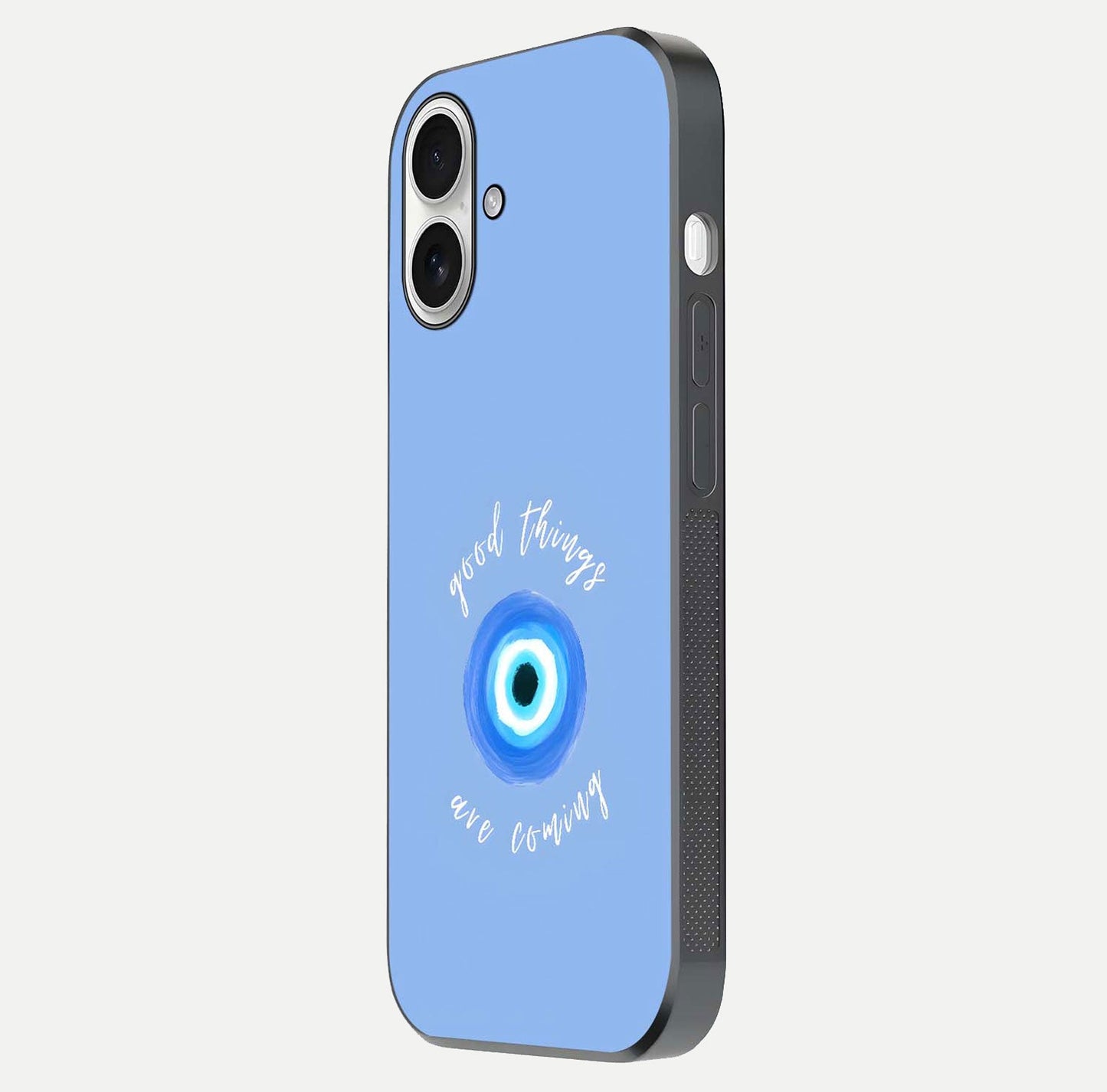 Bright Future Ahead Glass Case for iPhone 17 side-angle image displaying edge smoothness and reflective surface