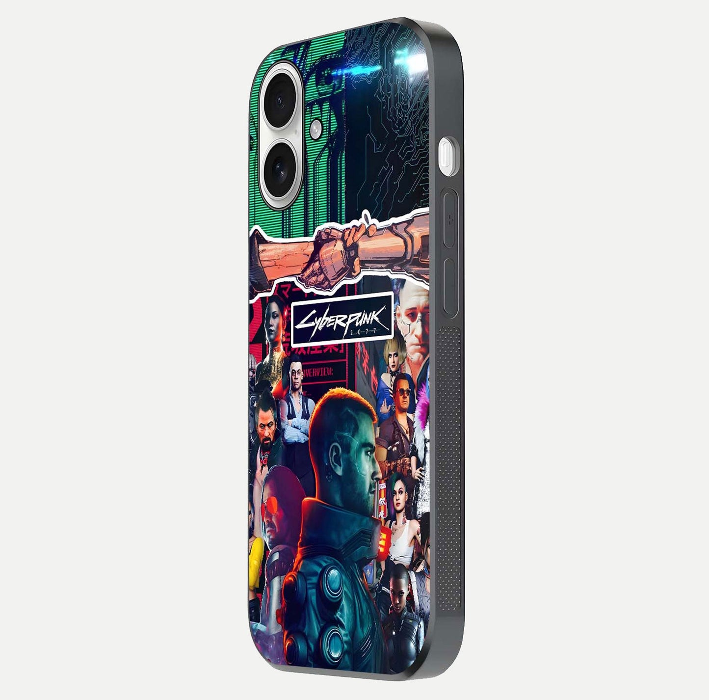 CYBERPUNK Legacy Glass Case for iPhone 17 side-angle photo showing edge glow and reflective surface