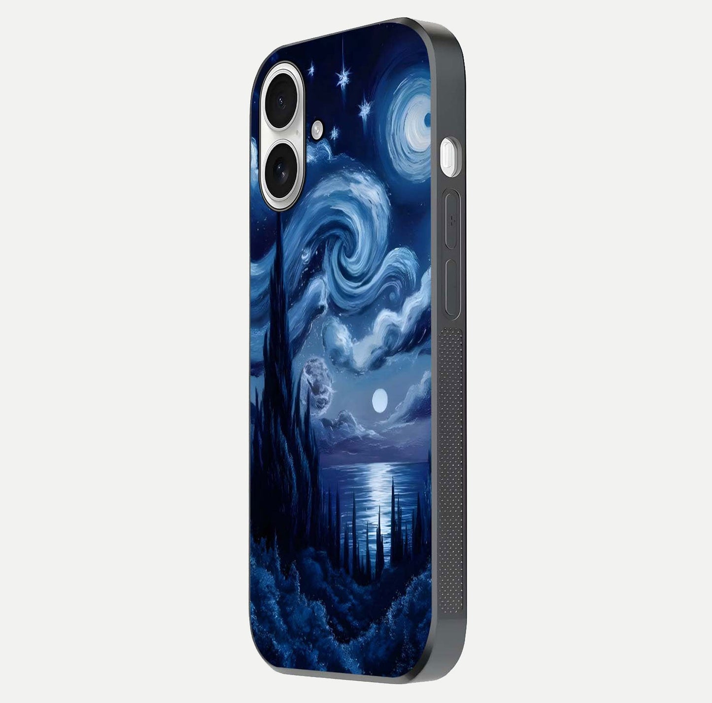 Celestial Dream Van Gogh Glass Case for iPhone 17 side-angle photo showing depth swirl design and curved reflection