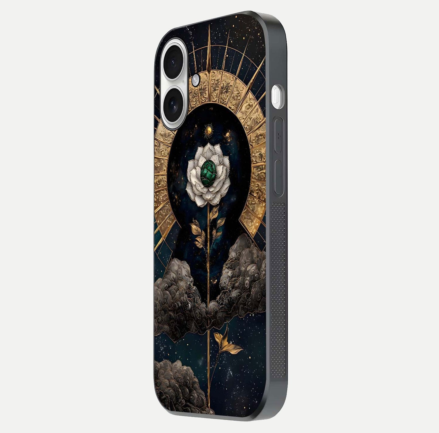 Celestial Lotus Morang Glass Case for iPhone 17 side-angle image capturing shine and smooth curvature