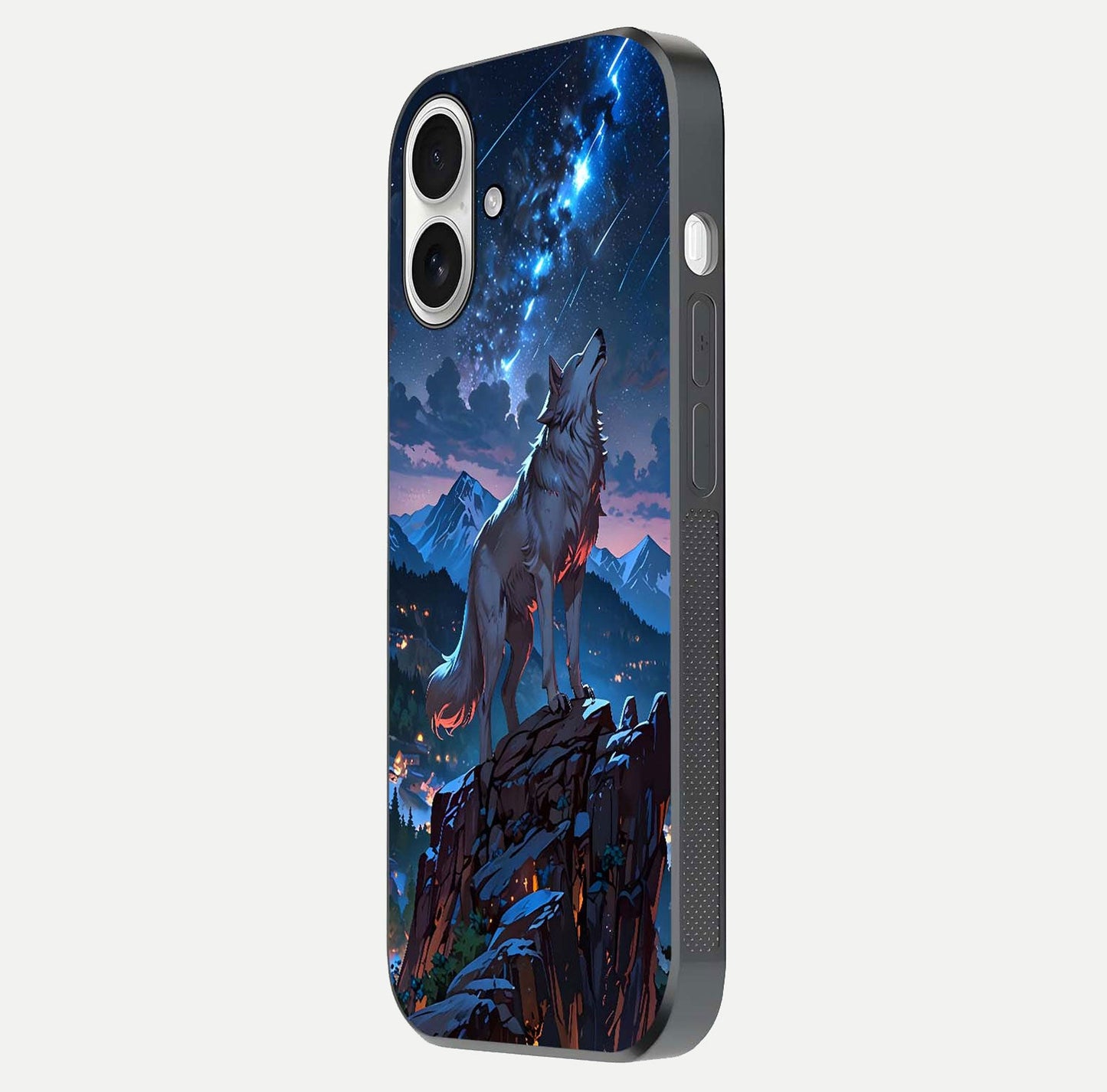 Celestial Wolf Howl Glass Case for iPhone 17 side-angle image showing curve polish and moon glow