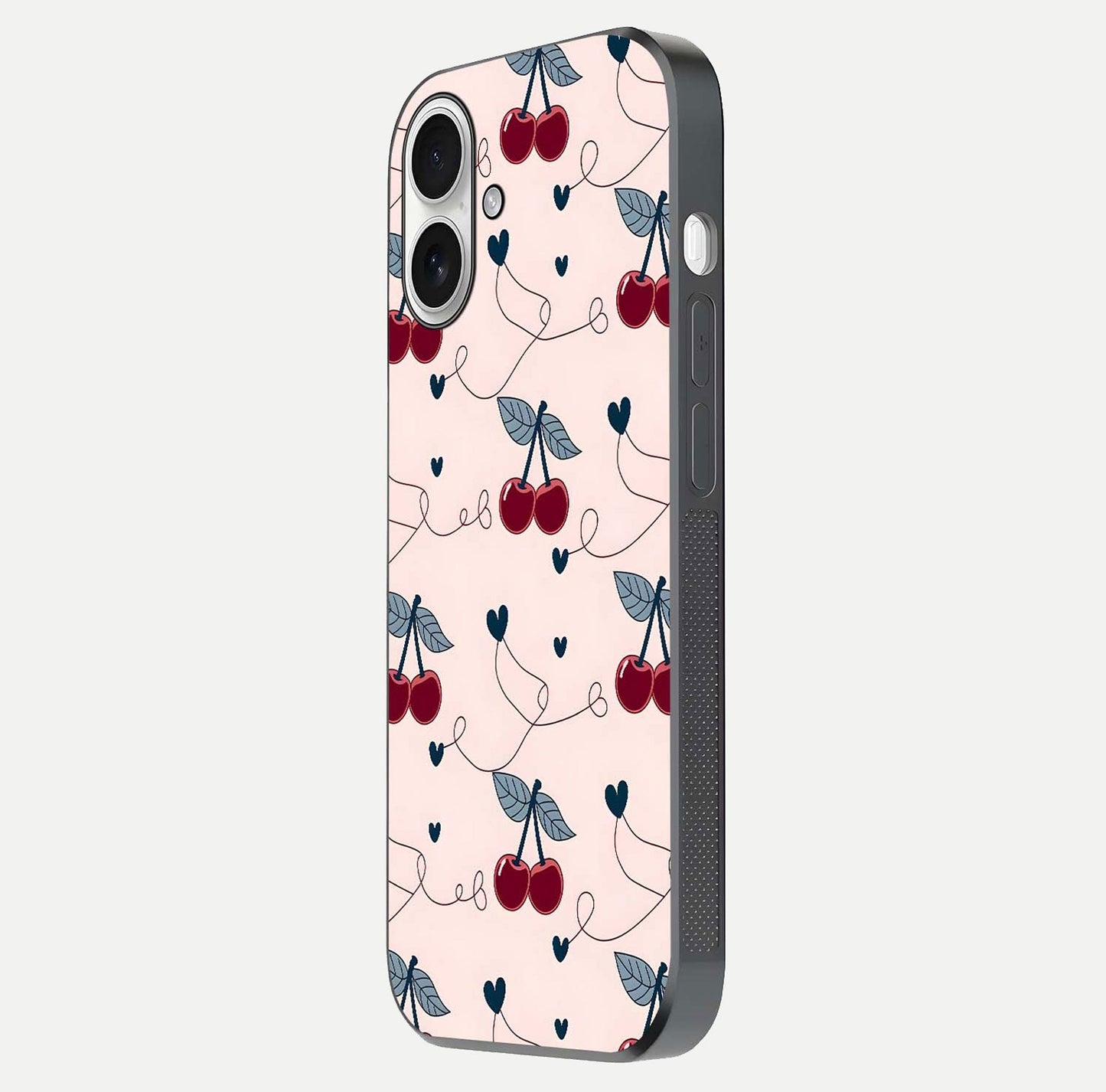 Cherry Heart Line Glass Case for iPhone 17 side-angle view capturing smooth curves and shine effect