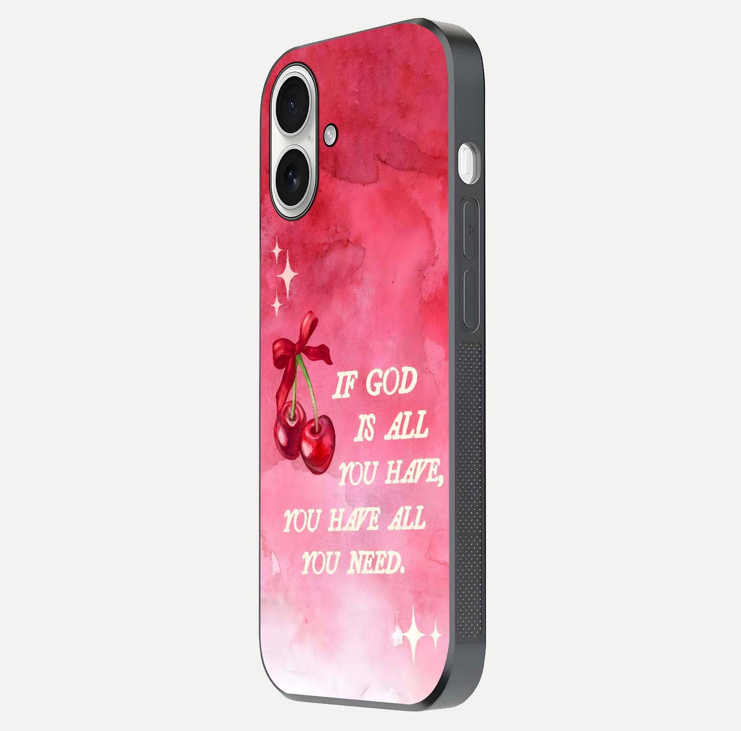 Cherry Quote Glass Case for iPhone 17 side-angle image showing curve glow and glass detail