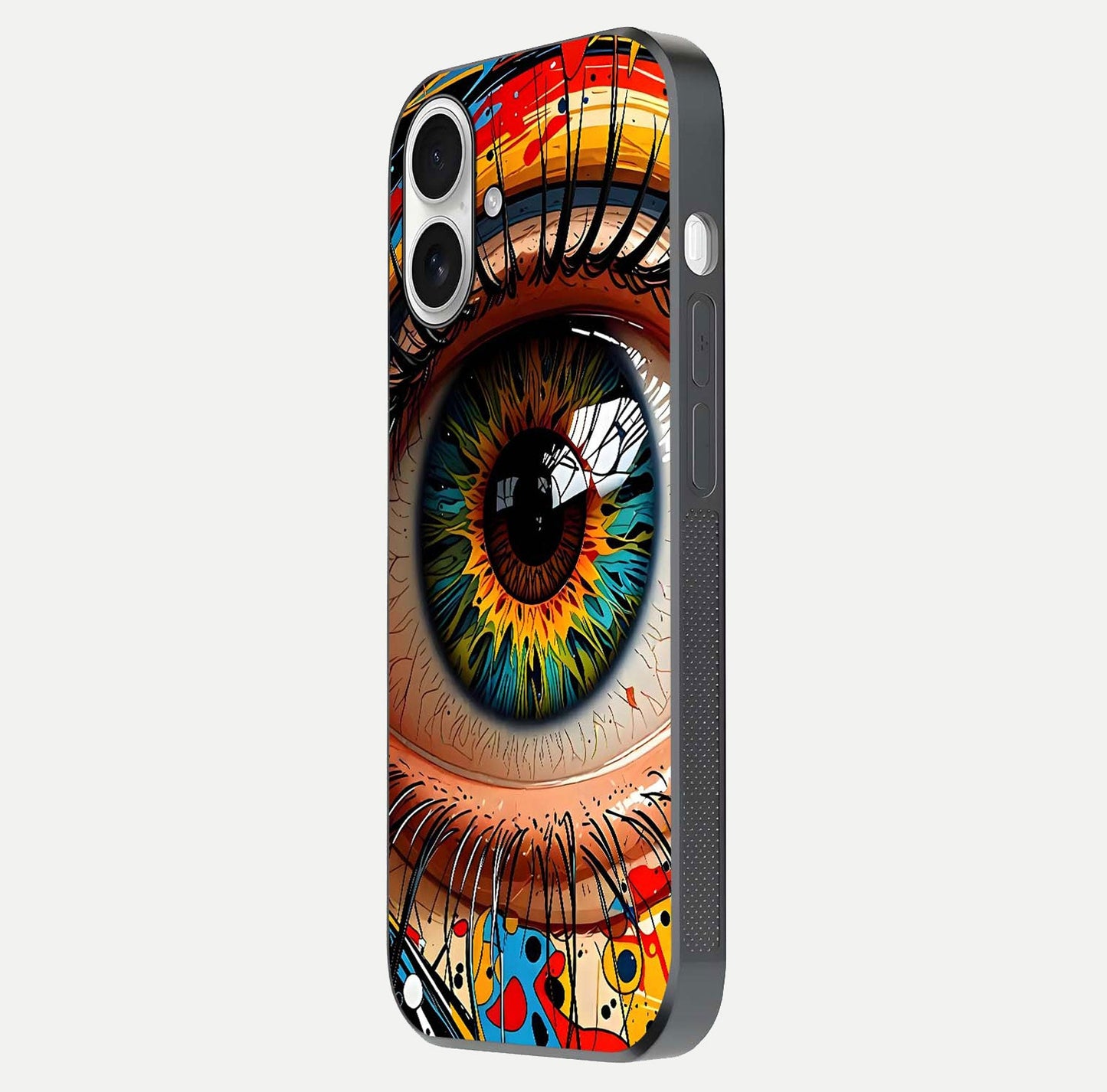 Colorful Eye Glass Case for iPhone 17 side-angle photo showing reflective surface and design detail