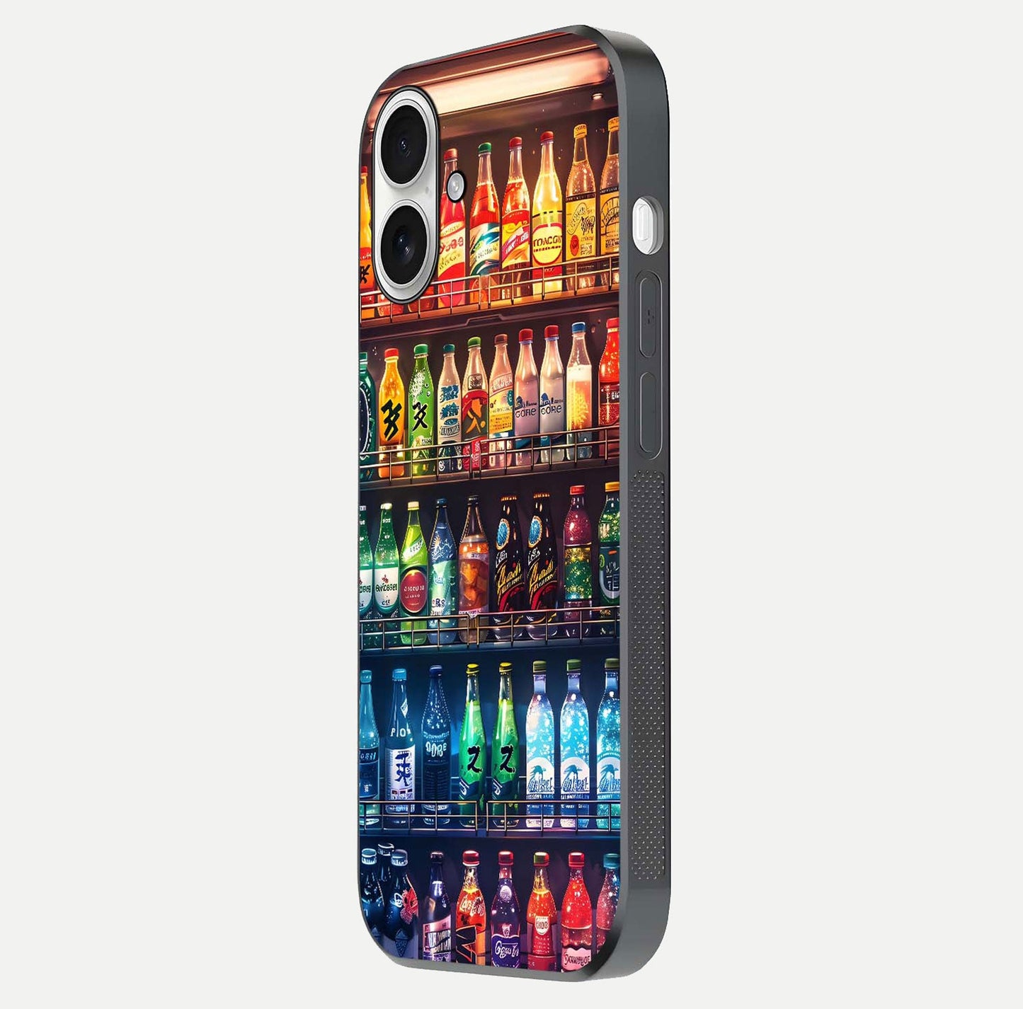 Colorful Soda Bottles Glass Case for iPhone 17 side-angle photo showing polish shine and texture depth