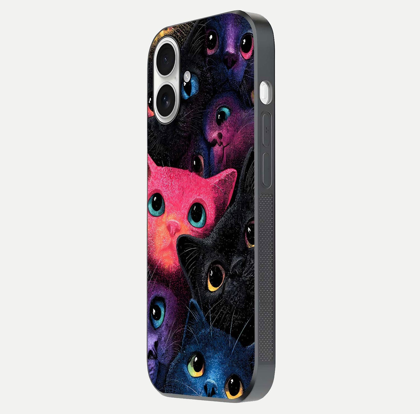 Cosmic Cats Dreams Glass Case for iPhone 17 side-angle photo showing edge gloss and color depth