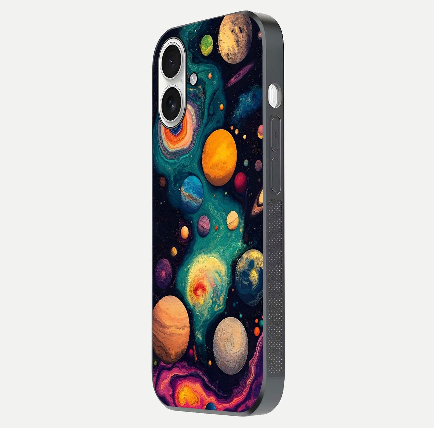 Cosmic Planet Journey Glass Case for iPhone 17 side-angle image capturing smooth gloss and reflective edges