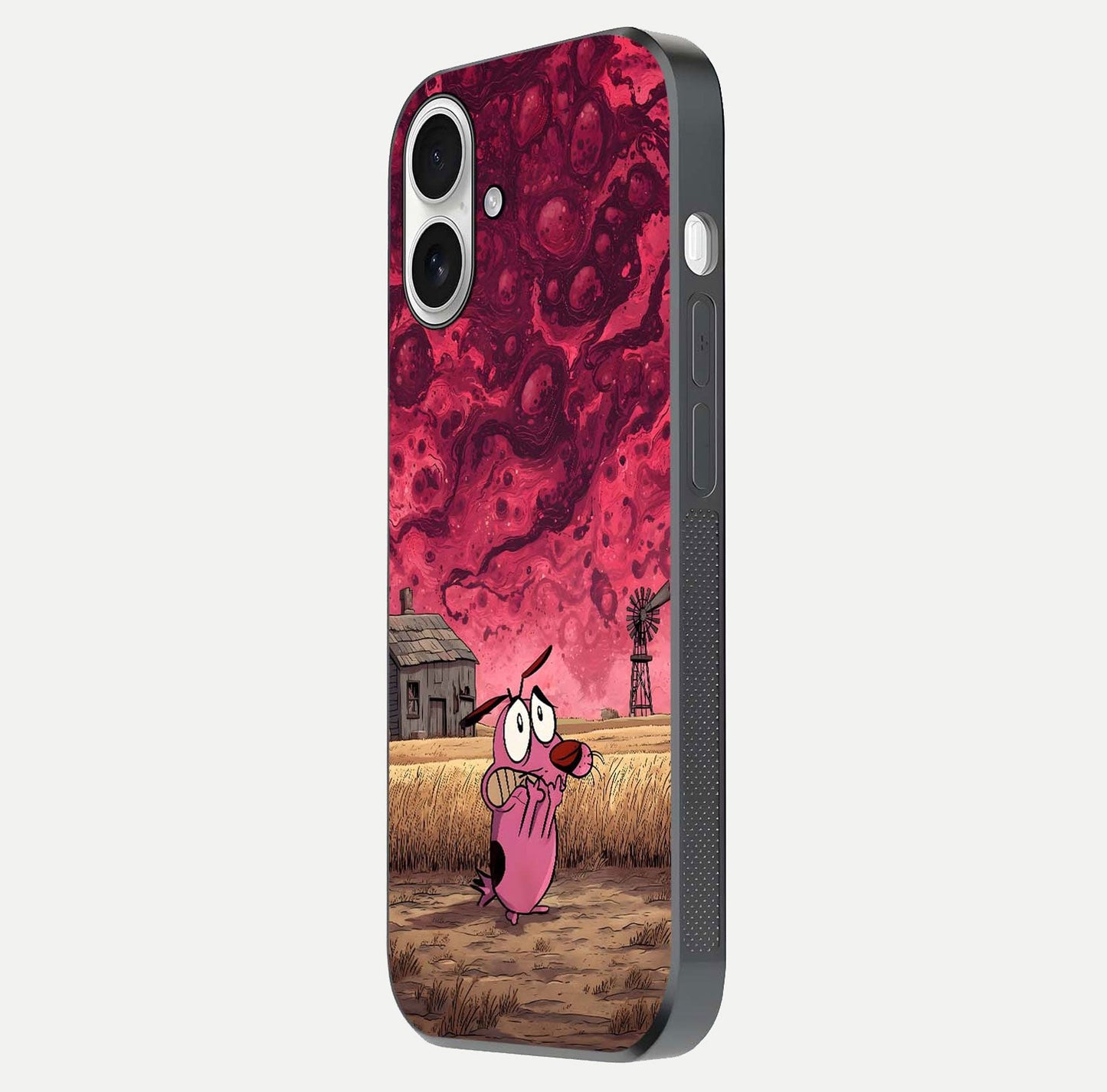 Courage Under Sky Glass Case for iPhone 17 side-angle photo showing gloss tone and curve highlight