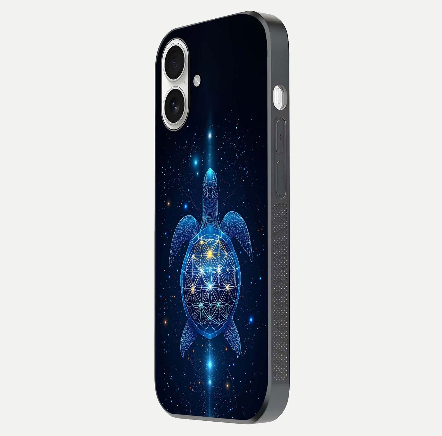 Crimson Blue Turtle Glass Case for iPhone 17 side-angle photo showing curved edge and glass gloss