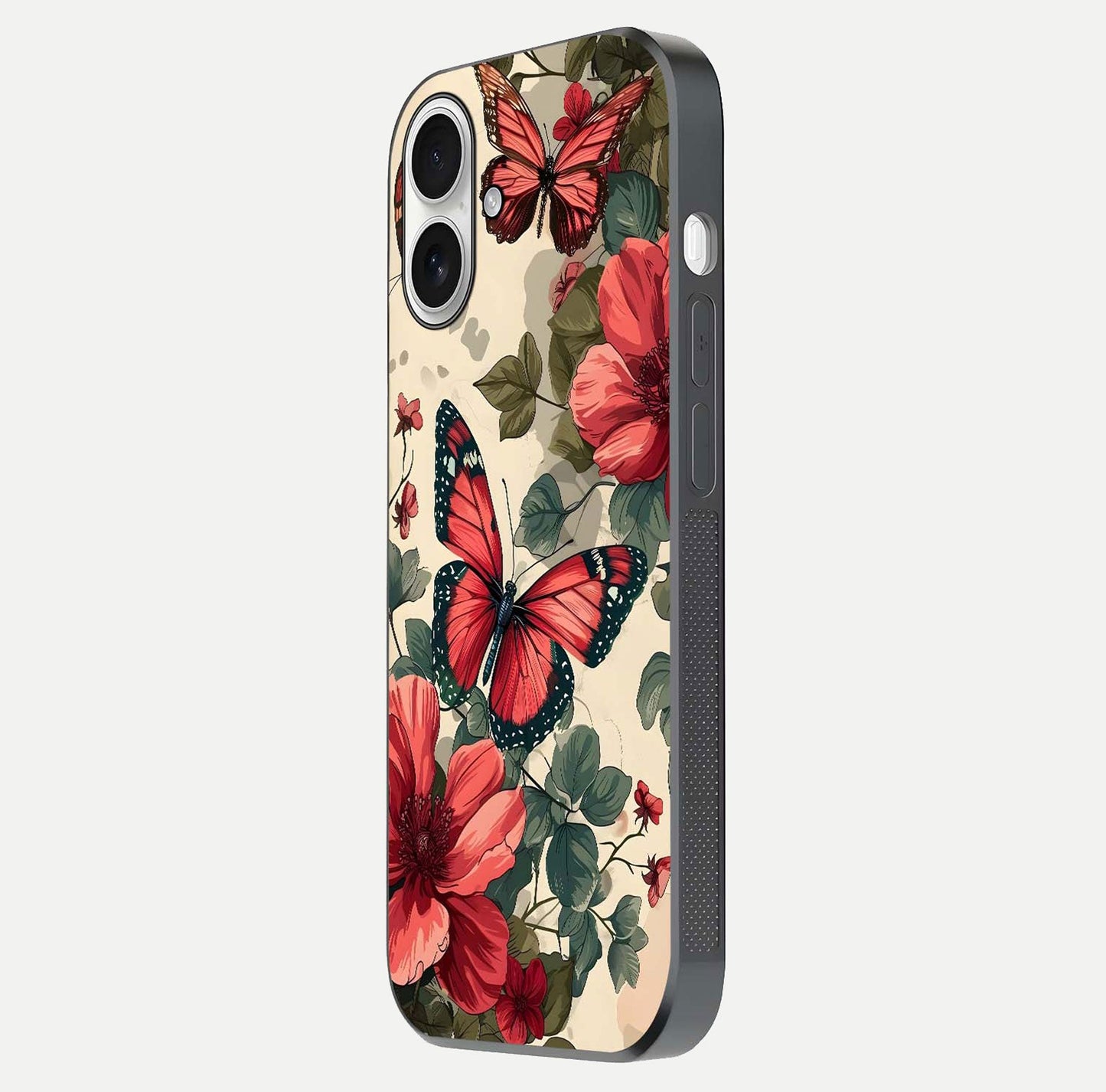 Crimson Butterfly Garden Glass Case for iPhone 17 side-angle photo capturing gloss texture and soft tone