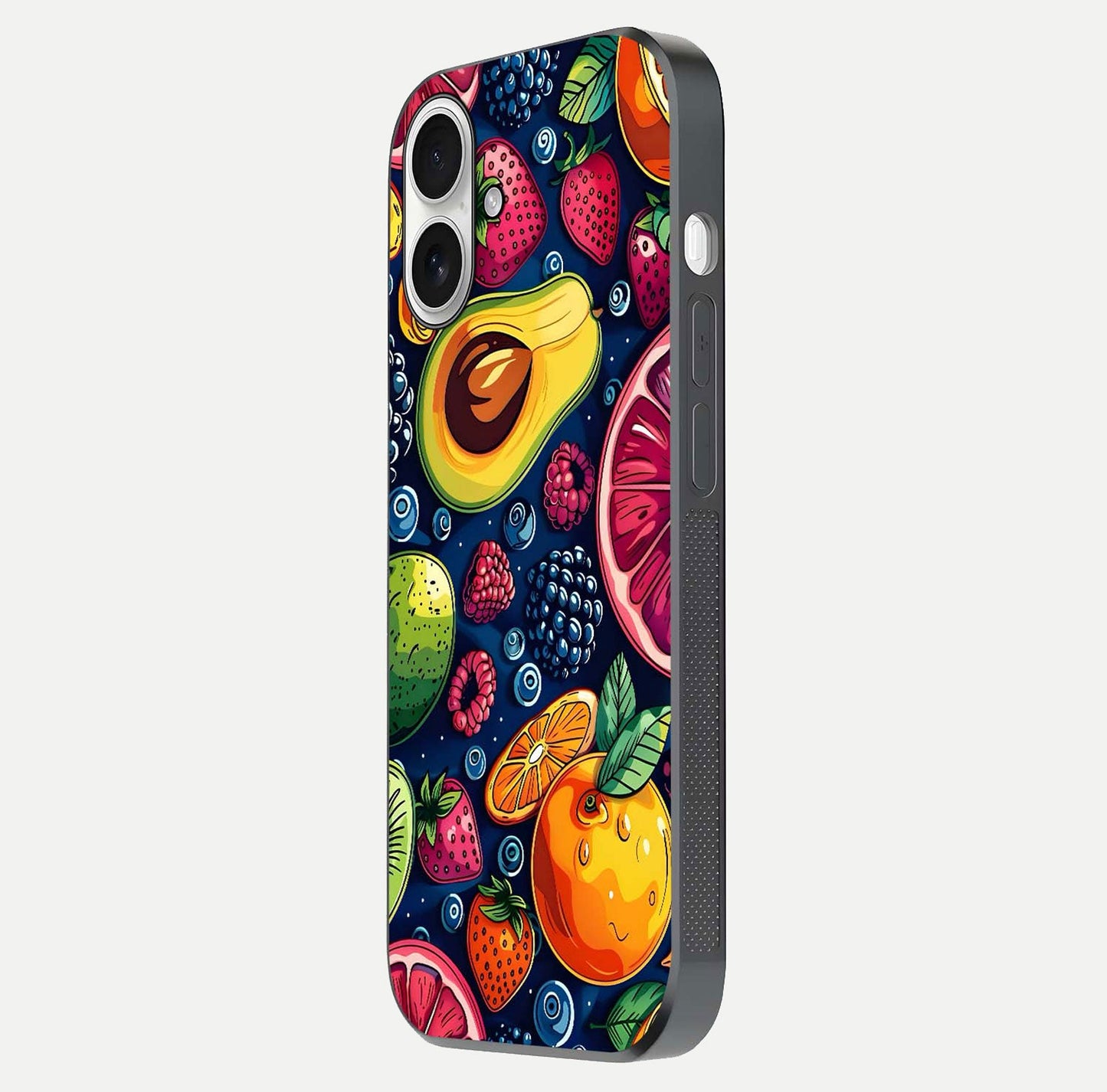 Cute Fruits Art Glass Case for iPhone 17 side-angle photo showing reflective finish and smooth edges