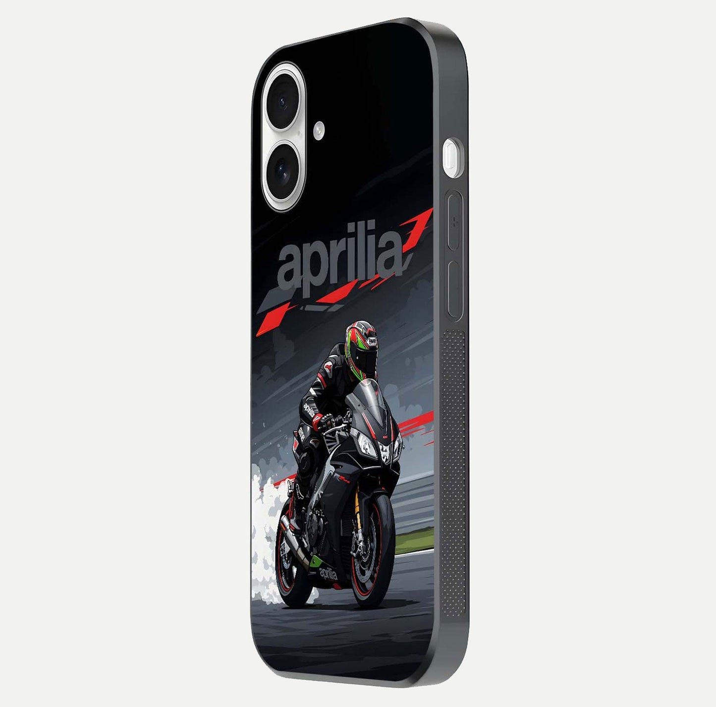 Dark Aprilla Glass Case for iPhone 17 side-angle photo showing reflection gloss and curved edge finish