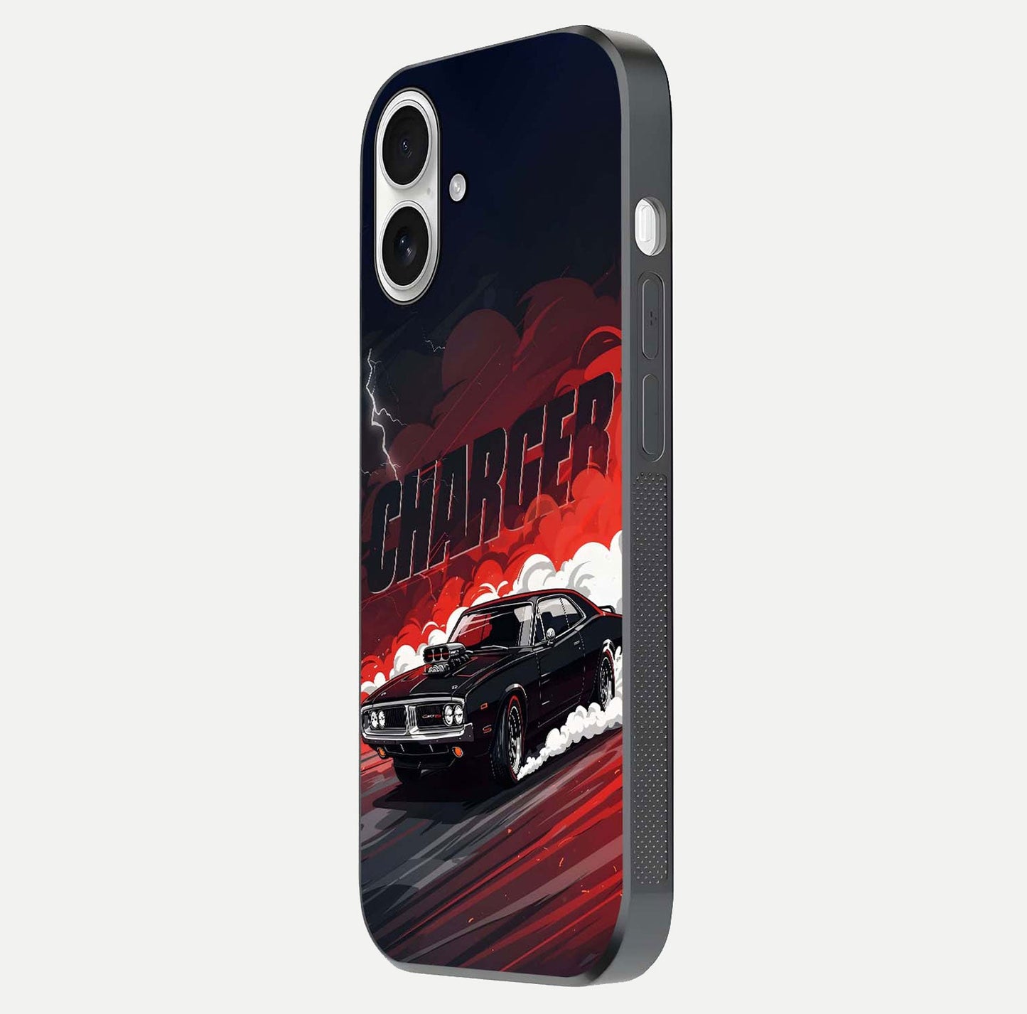 Dark Charger Fury Glass Case for iPhone 17 side-angle image showing edge gloss and bold tone