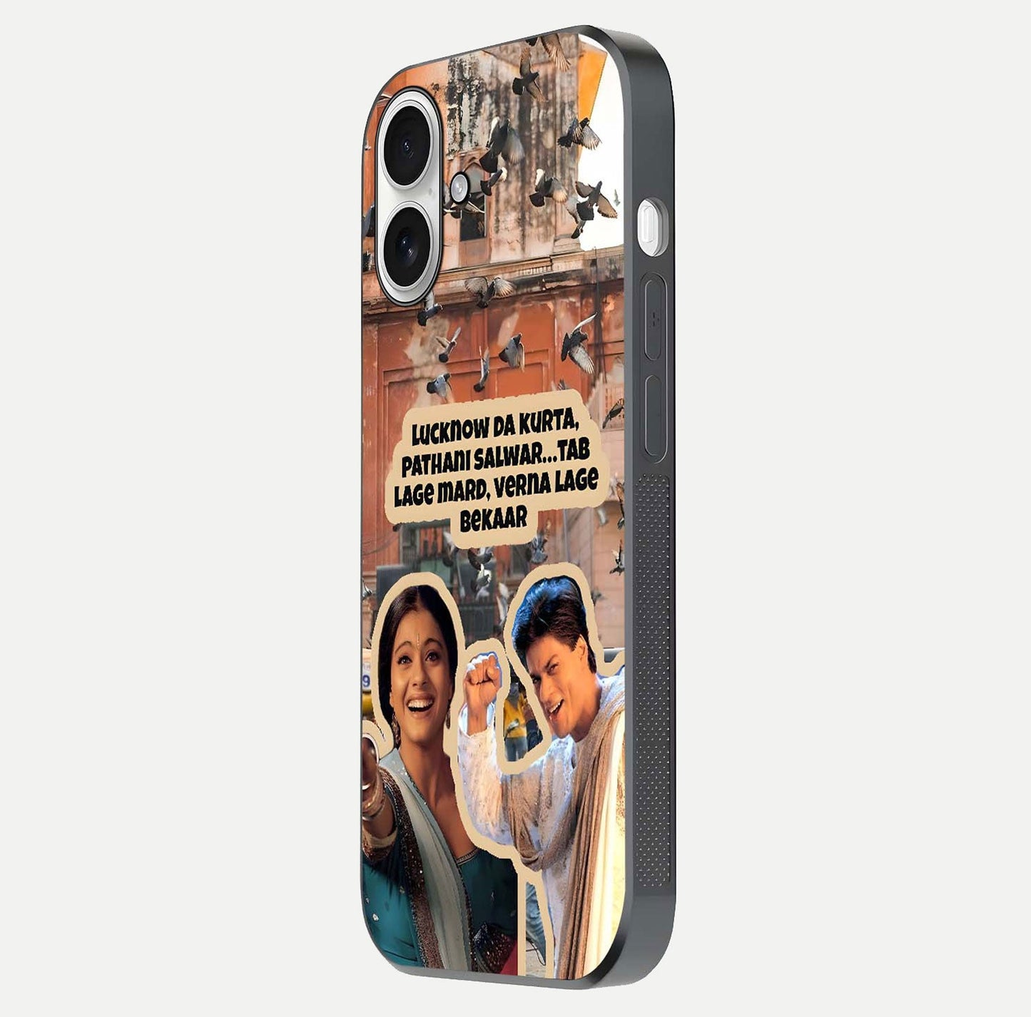 Desi Retro Vibes Glass Case for iPhone 17 side-angle image displaying gloss texture and bold pattern