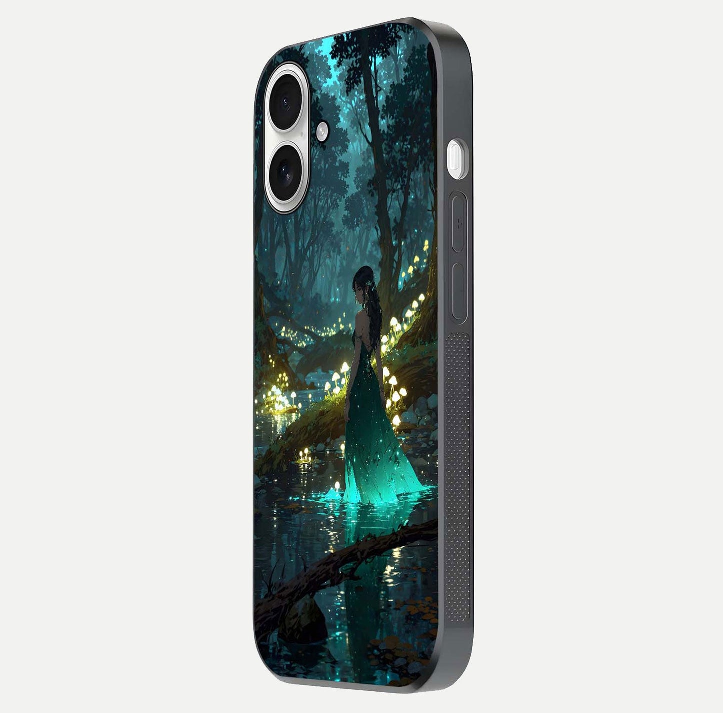 Enchanted Forest Glow Glass Case for iPhone 17 side-angle image capturing shine reflection and rich detail