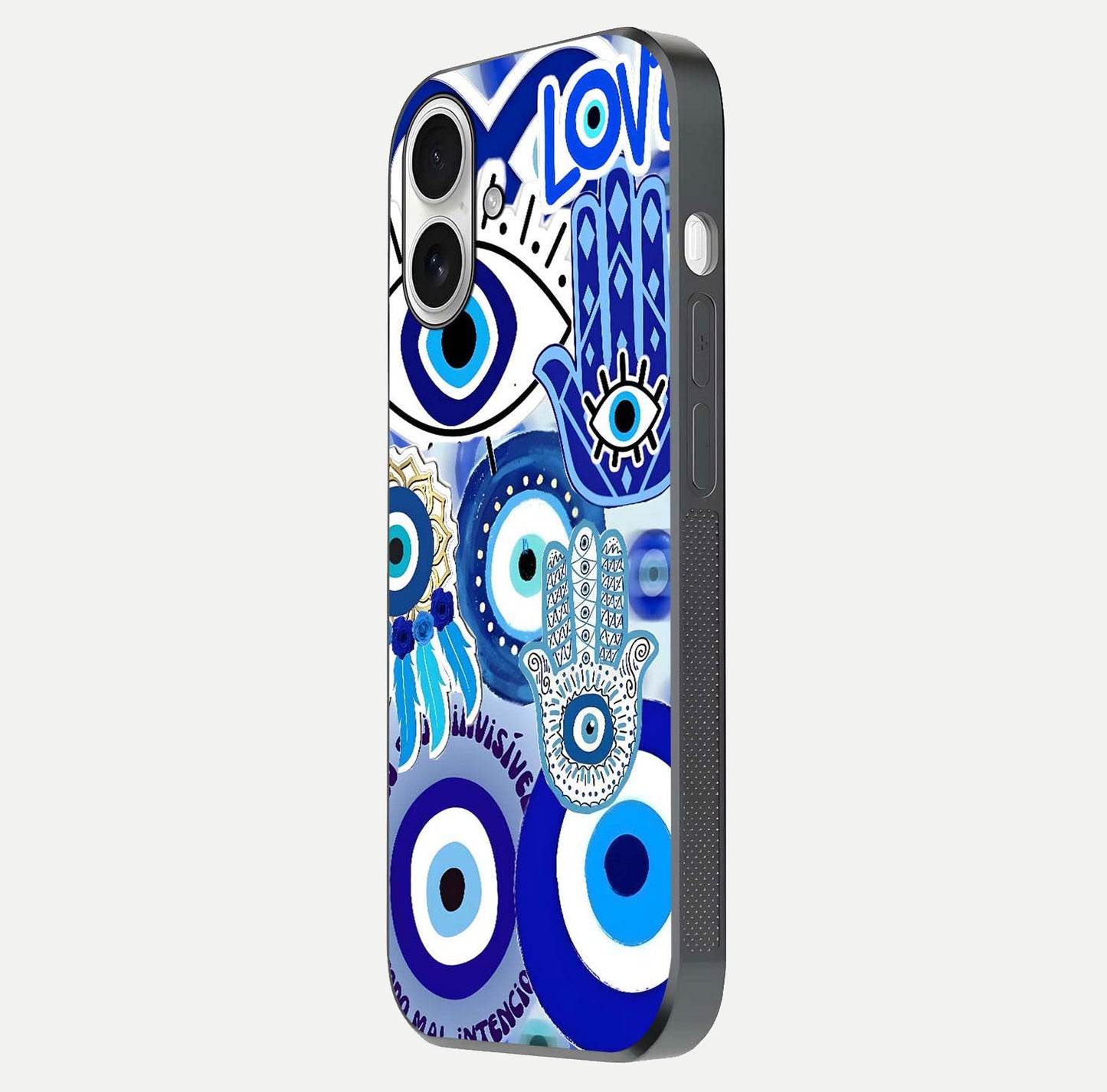 Evil Eyes Dream Glass Case for iPhone 17 side-angle photo capturing smooth edges and reflective texture