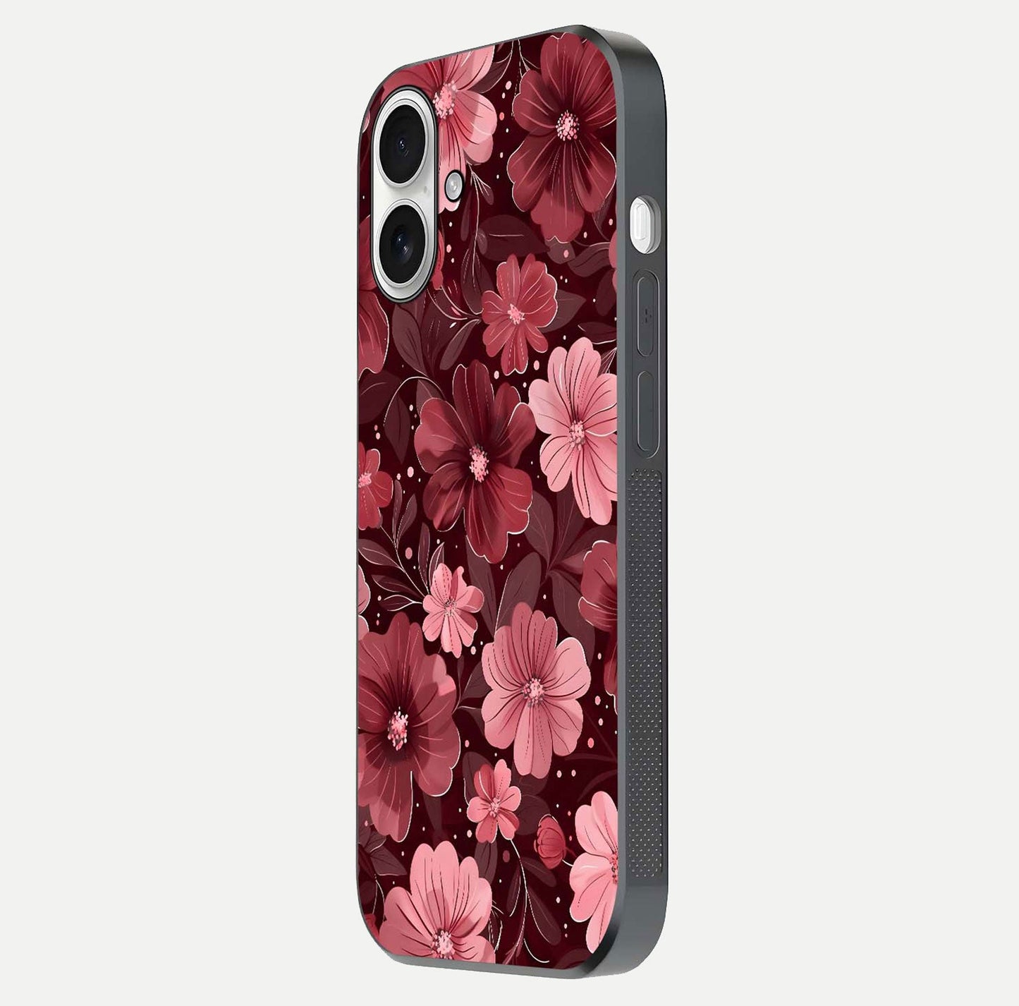 Flower Blush Bloom Glass Case for iPhone 17 side-angle photo showing glass reflection and delicate hues