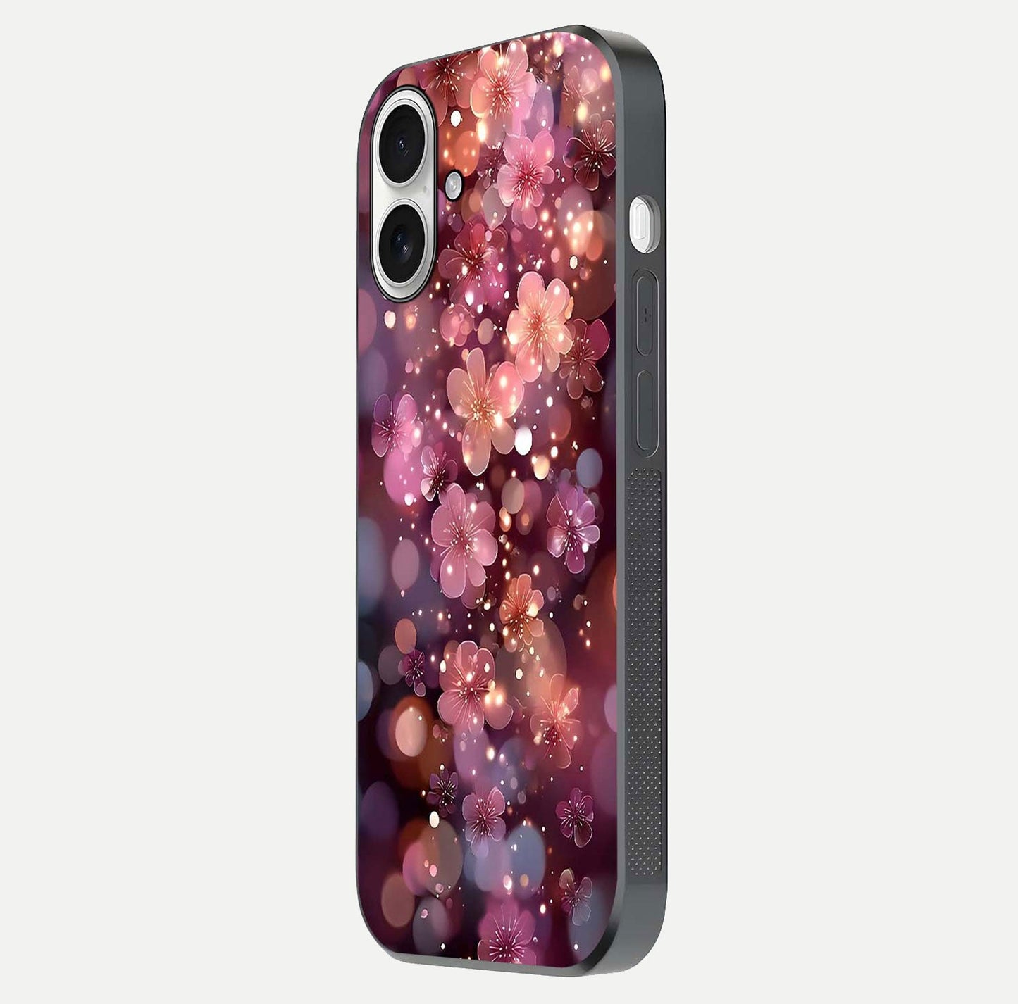 Glowing Petal Bliss Glass Case for iPhone 17 side-angle image showing light reflection and soft floral texture