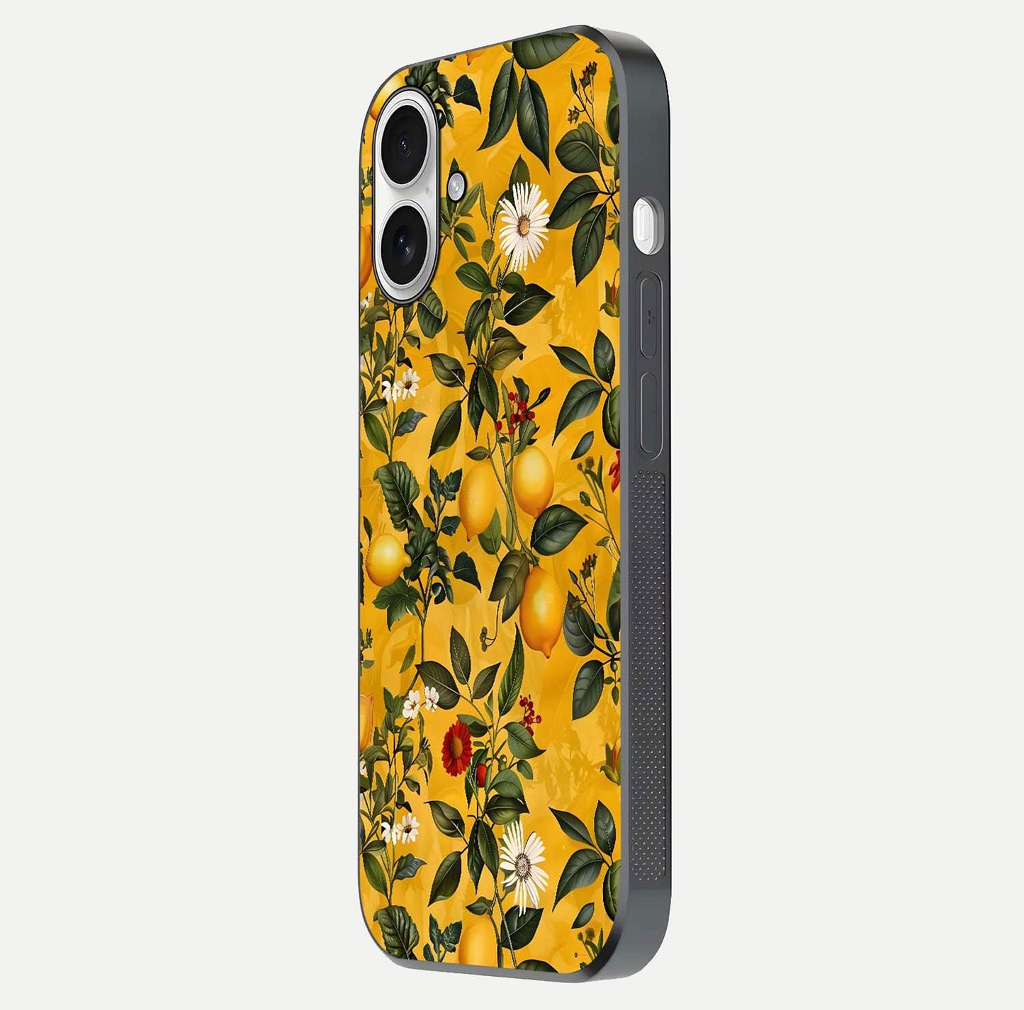 Golden Lemon Field Glass Case for iPhone 17 side-angle image showing reflection clarity and juicy color tone