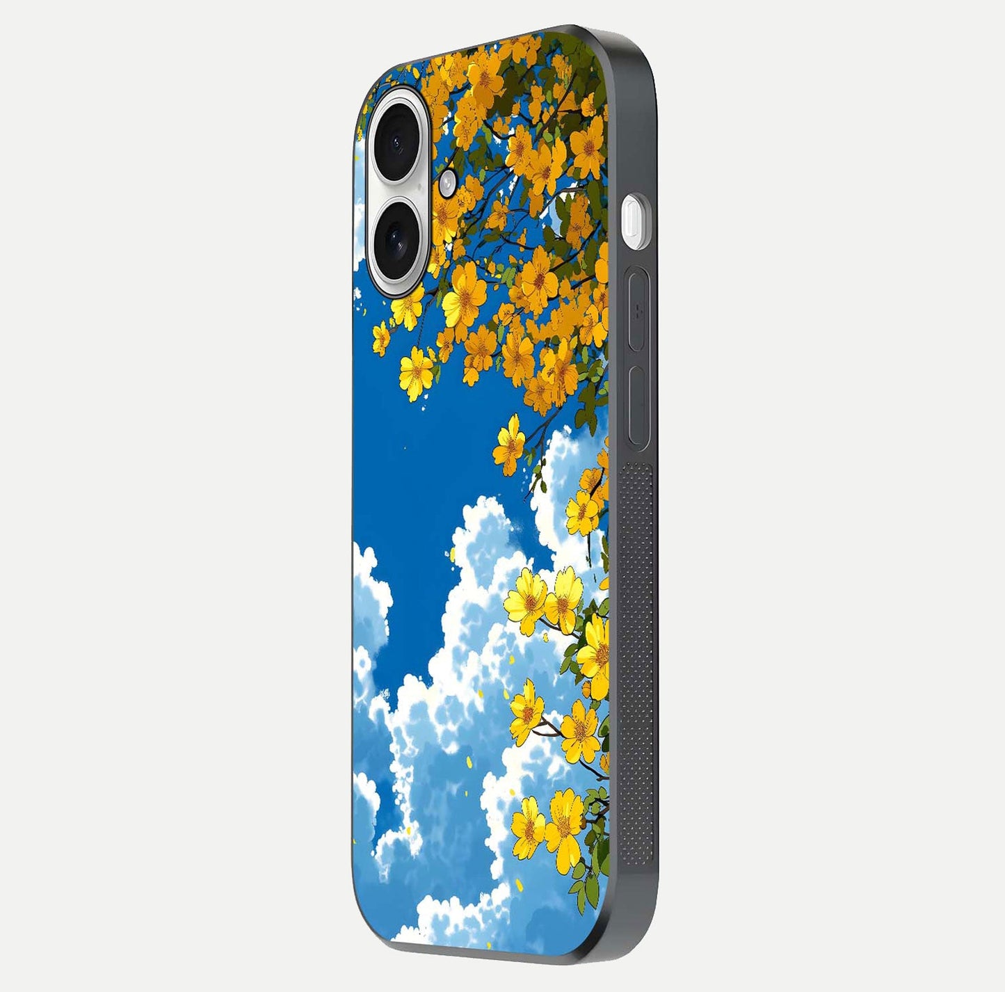 Golden Petal Sky Glass Case for iPhone 17 side-angle image showing reflection depth and metallic floral tones