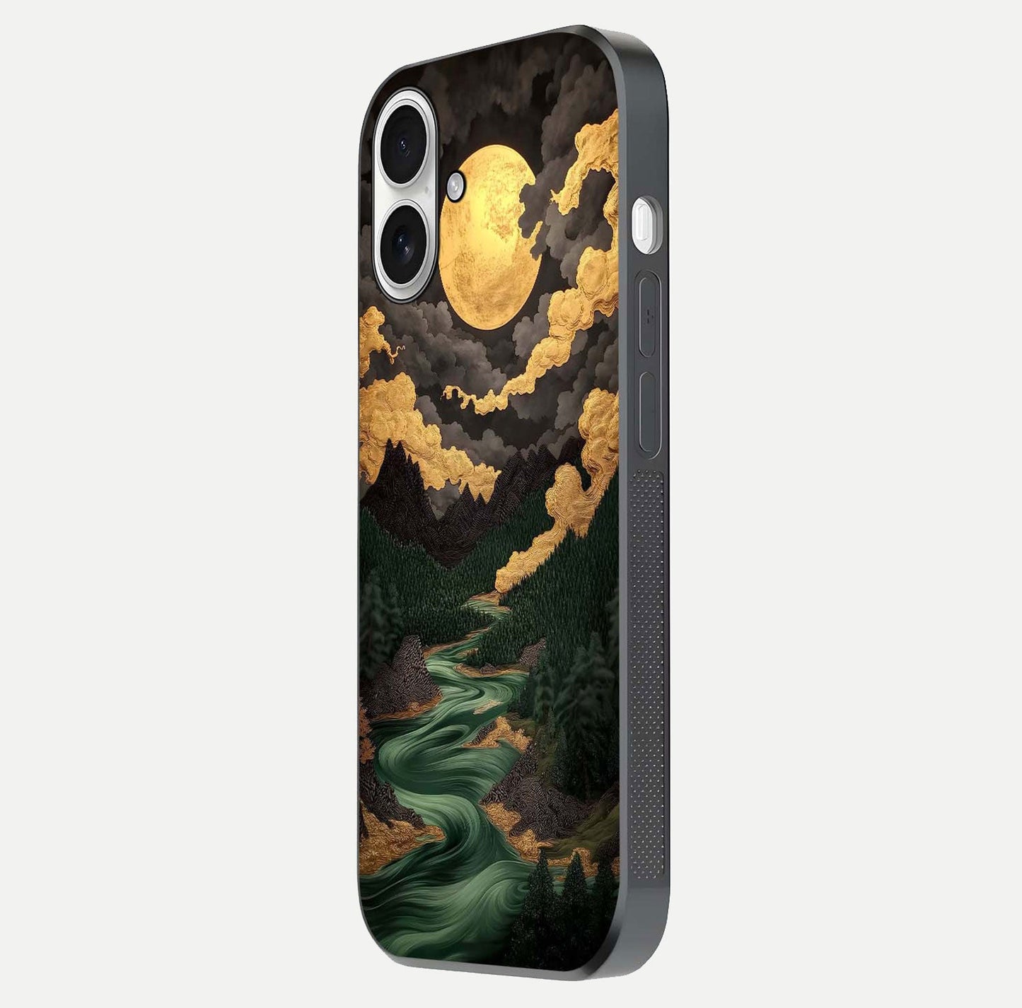 Golden River Moon Glass Case for iPhone 17 side-angle image showing reflection clarity and detailed nightscape