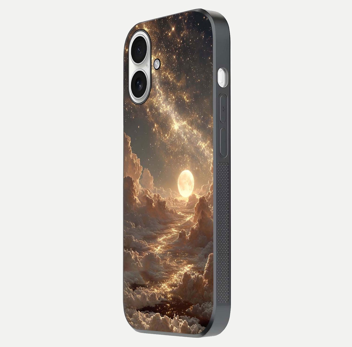 Golden Sky Dream Glass Case for iPhone 17 side-angle image showing reflection shine and smooth surface