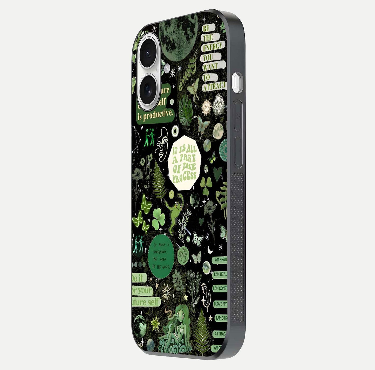 Green Moon Energy Glass Case for iPhone 17 side-angle image showing reflection brilliance and curved finish