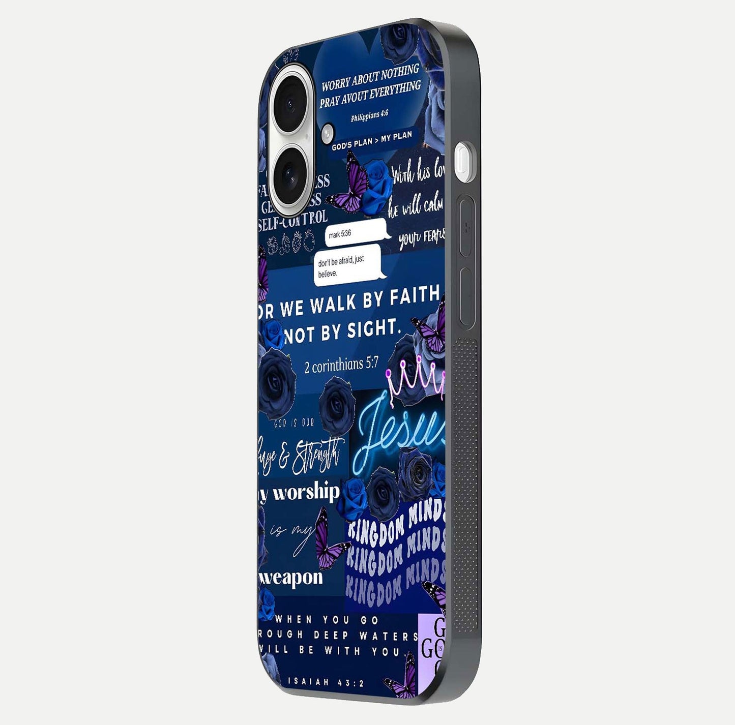 Kingdom Faith Glow Glass Case for iPhone 17 side-angle image with reflective cross and faith glow