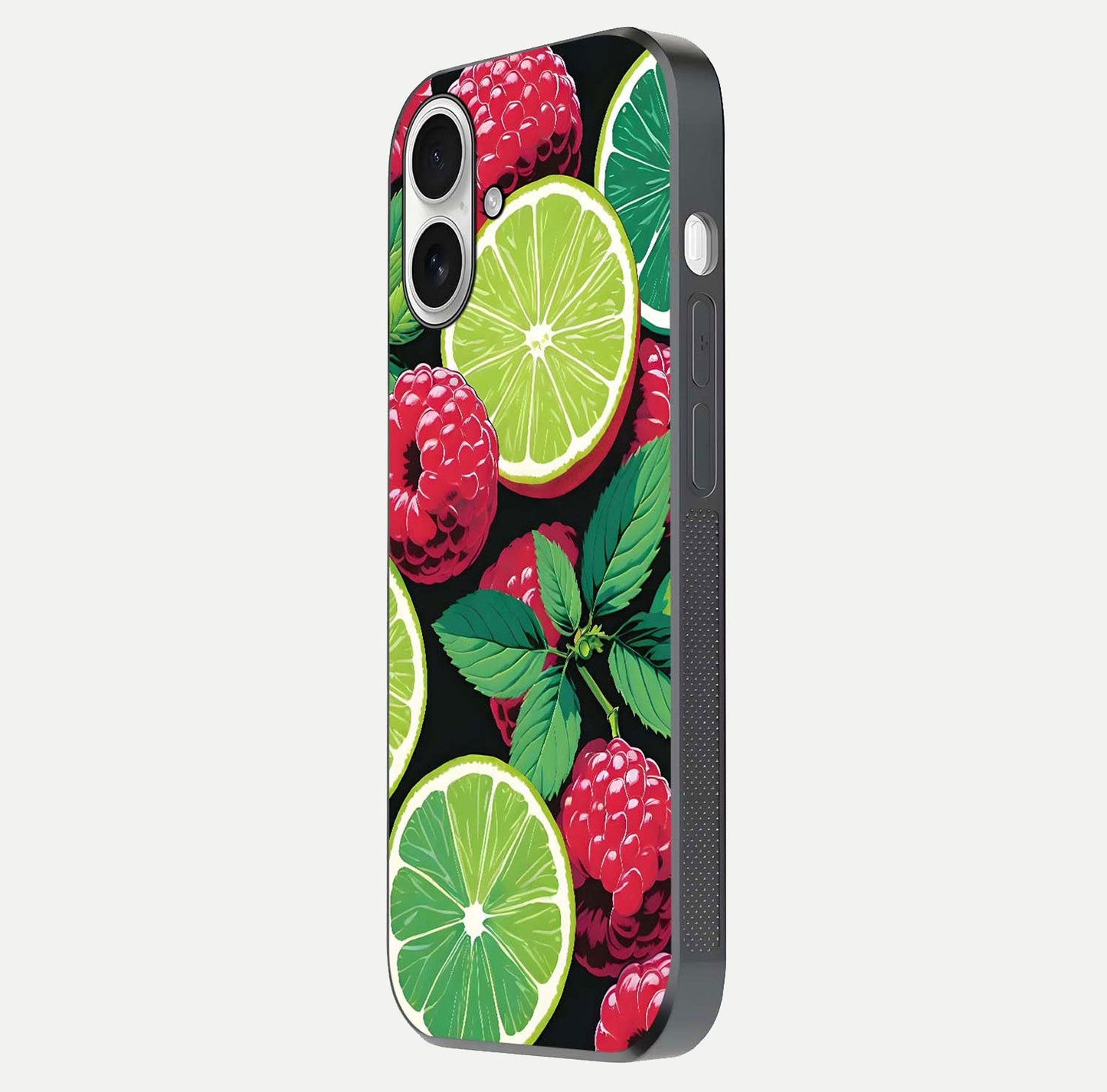 Lime and Raspberry Pattern Glass Case for iPhone 17 side-angle view revealing colorful fruit artwork details