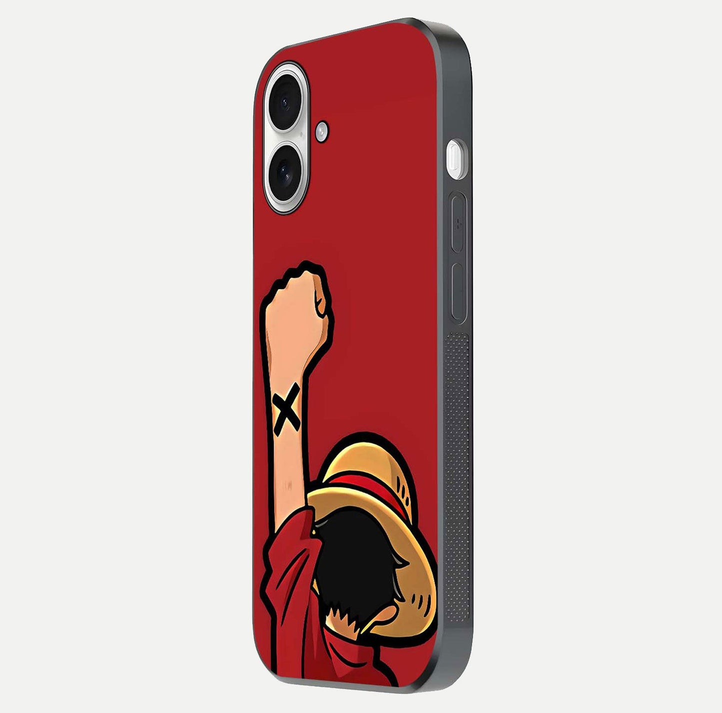 Luffy X Spirit Glass Case for iPhone 17 side-angle image highlighting reflection strength and anime print