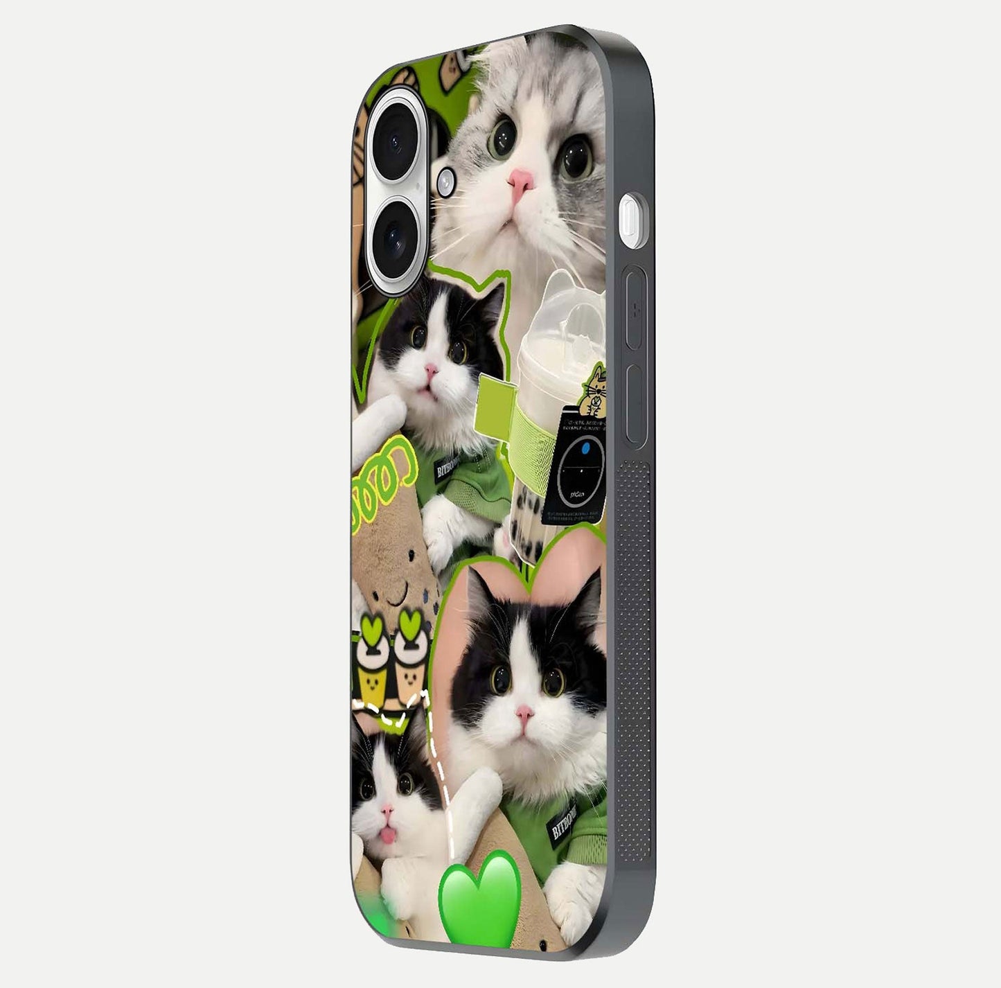Matcha Cats Mood Glass Case for iPhone 17 side-angle image showing shine clarity and cat pattern charm