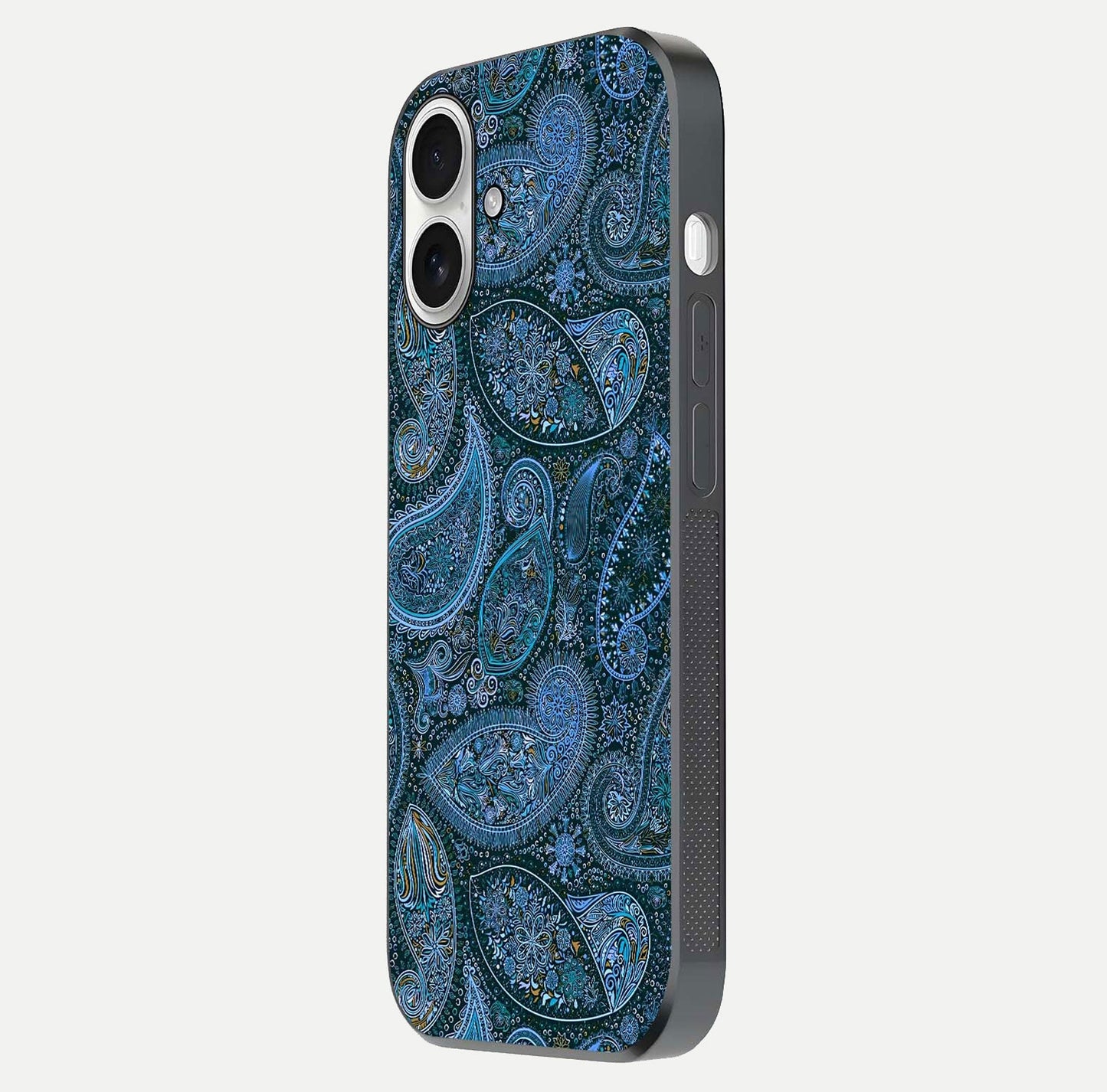 Midnight Paisley Glow Glass Case for iPhone 17 side-angle image revealing reflective gloss and paisley art