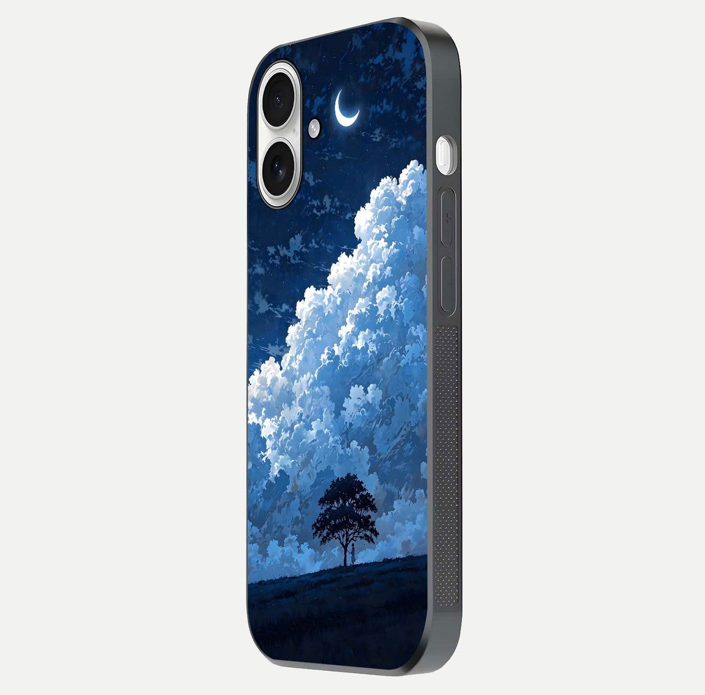 Midnight Sky Serenity Glass Case for iPhone 17 side-angle image showing soft glow and smooth reflection