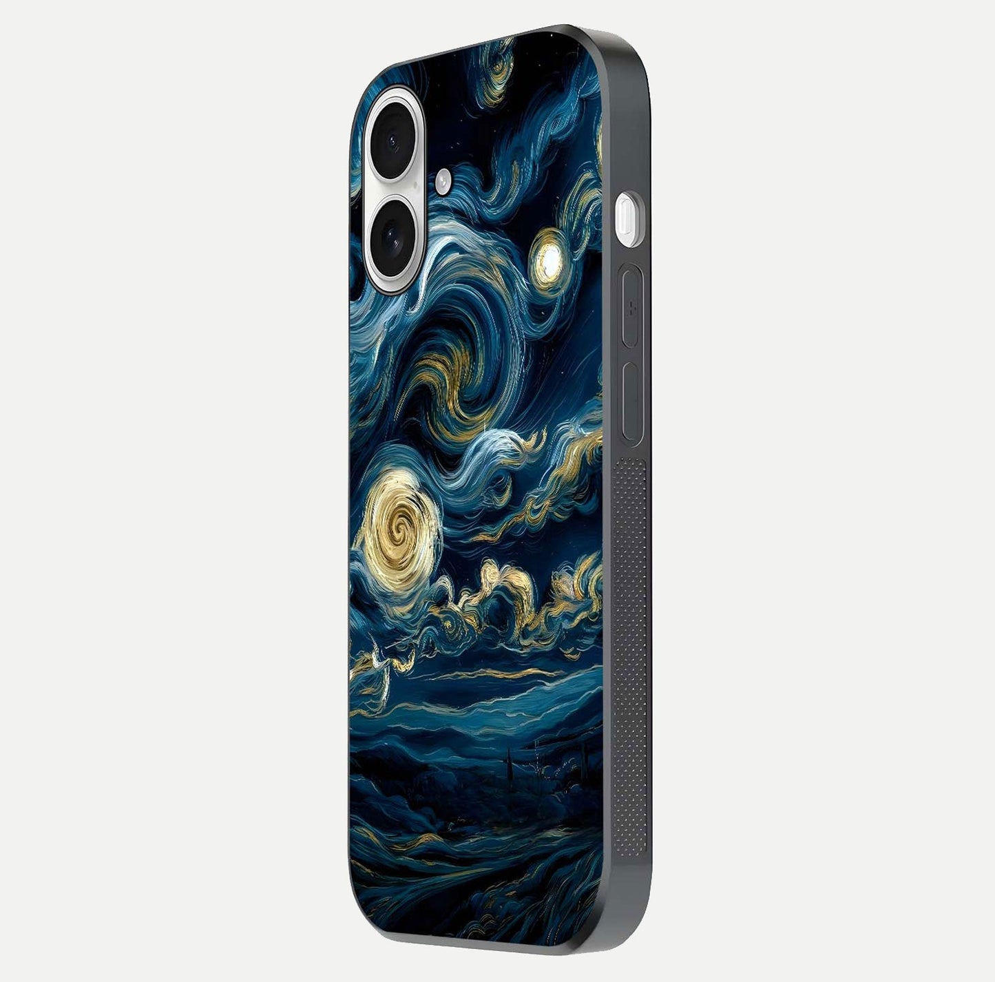 Midnight Sky Whirl Glass Case for iPhone 17 side-angle image showing reflection depth and galaxy pattern