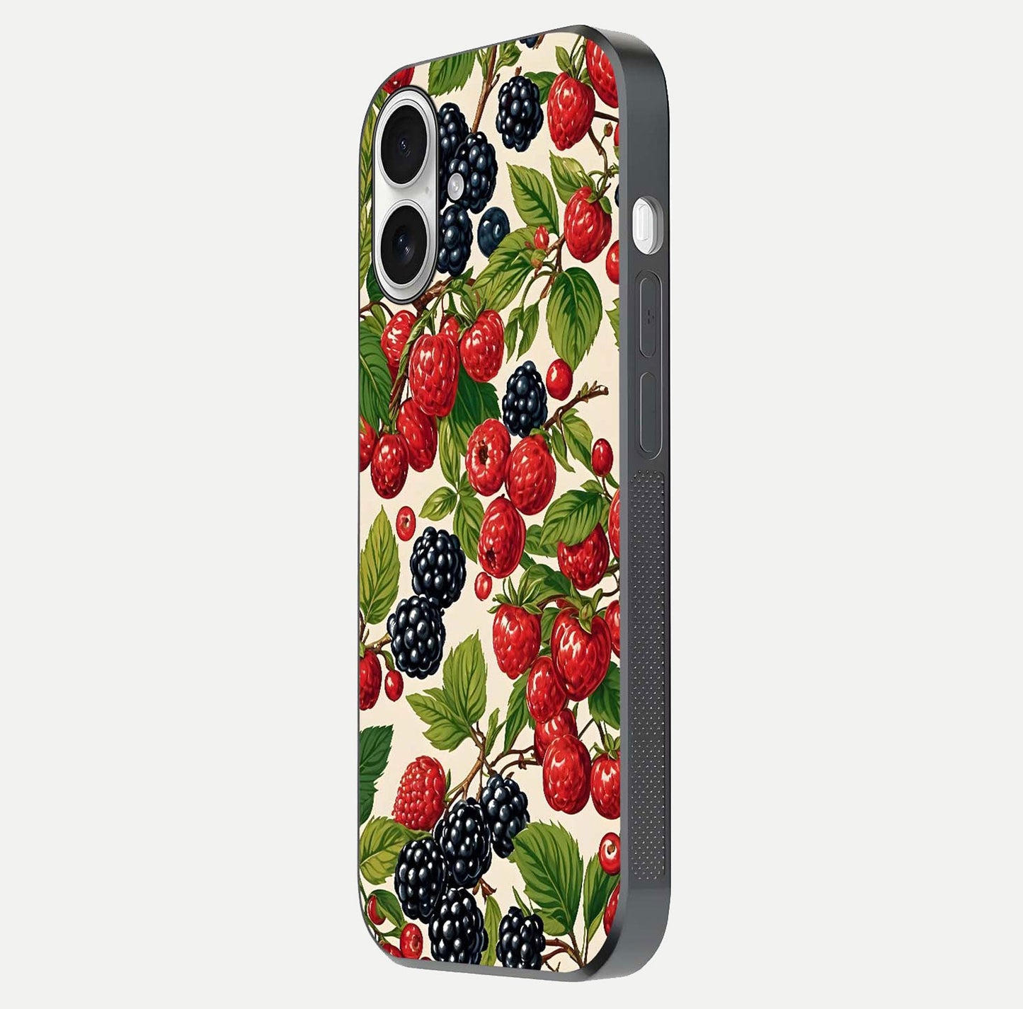 Mixed Berry Collage Glass Case for iPhone 17 side-angle image showing reflection and HD fruit texture