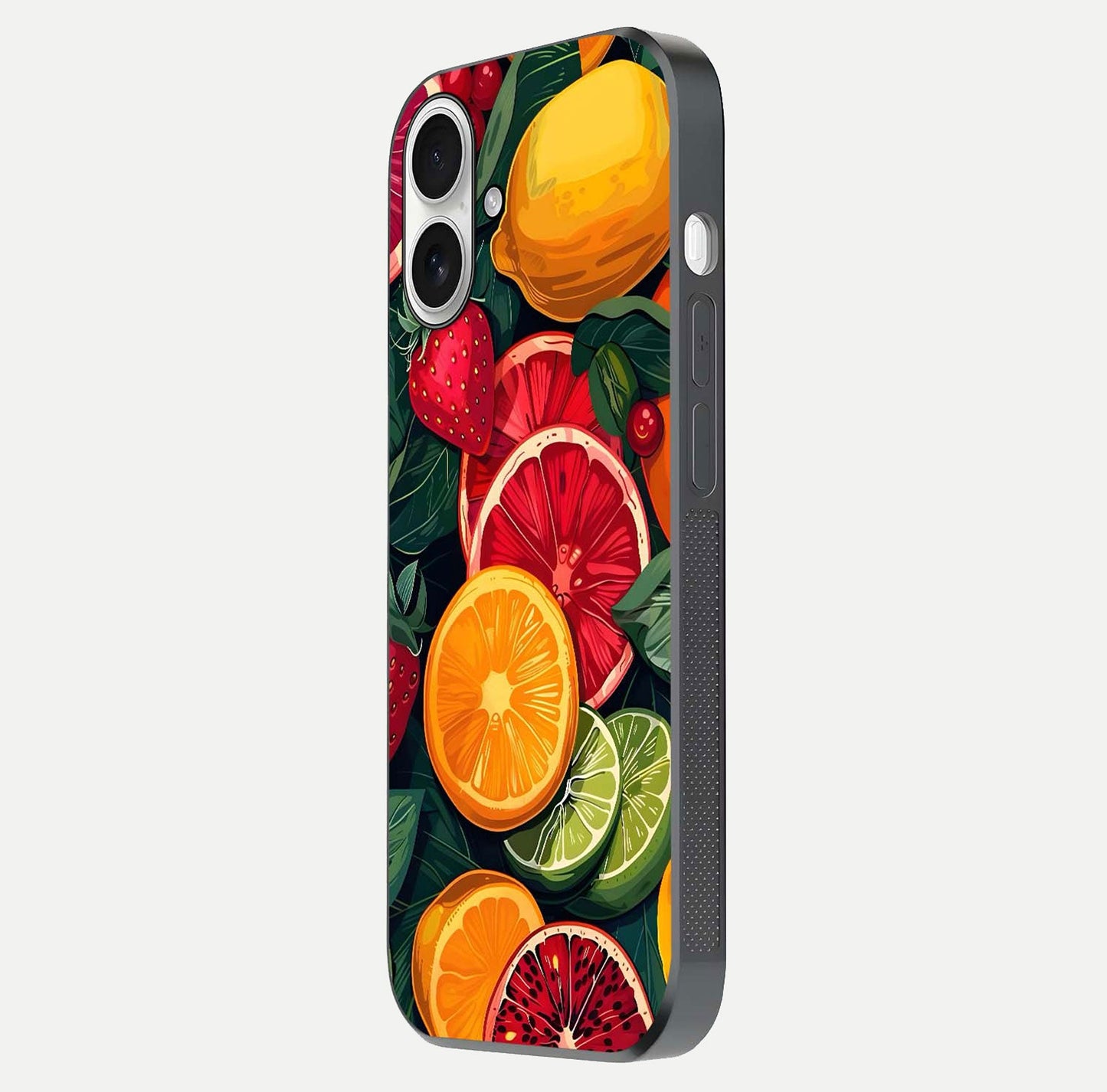 Multiple Fruits Glass Case for iPhone 17 side-angle image showing glossy surface and vivid fruit pattern