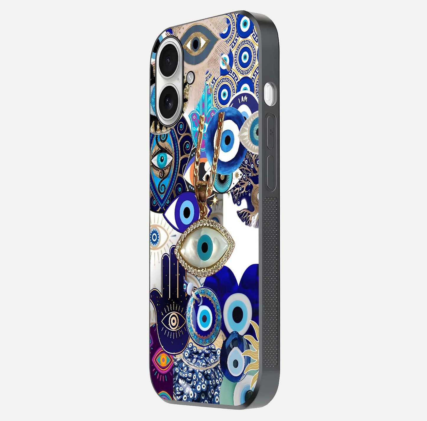 Mystic Charm Eye Glass Case for iPhone 17 side-angle image showing HD reflection and sacred tone